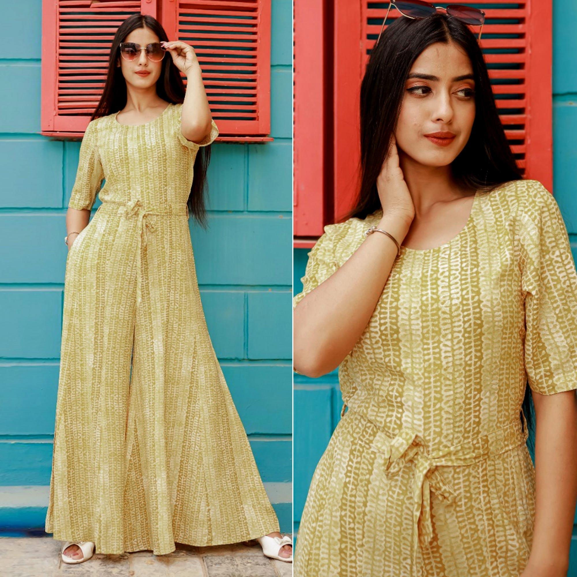 Peachmode Lemon Yellow Printed Rayon Jumpsuit