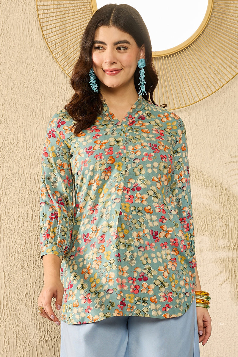 Ahika Blue Viscose Rayon Floral Printed Regular Kurti Tunics VT1335 - view 2