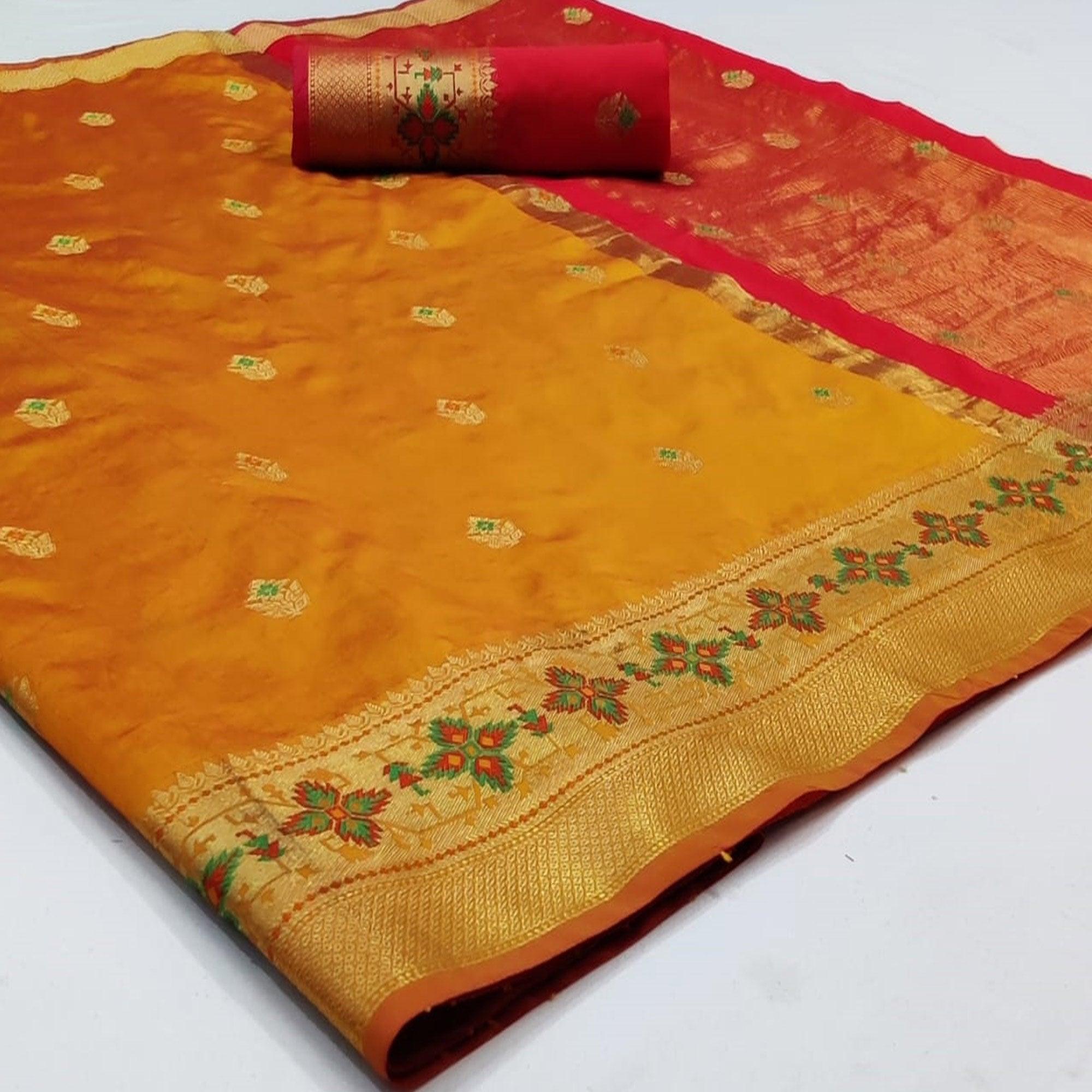 Peachmode Engrossing Mustard Yellow Colored Festive Wear Woven Silk Saree