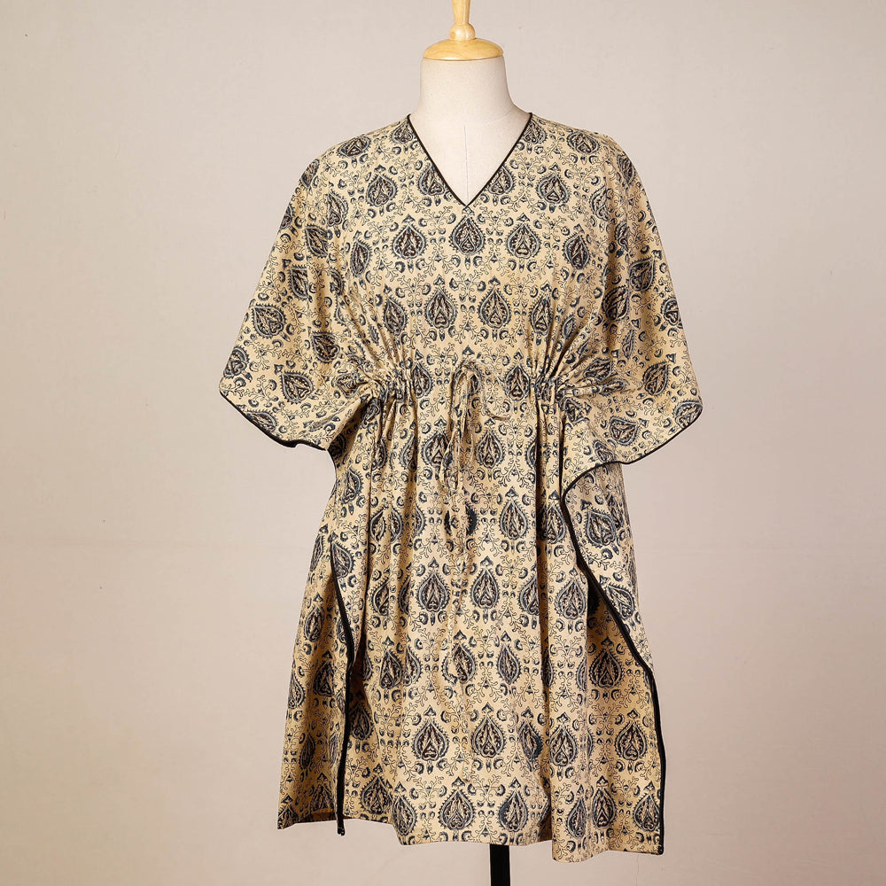 CHUTNEY CRAFT STUDIO Beige - Block Print Cotton Kalamkari Kaftan with Tie-Up Waist (Medium)