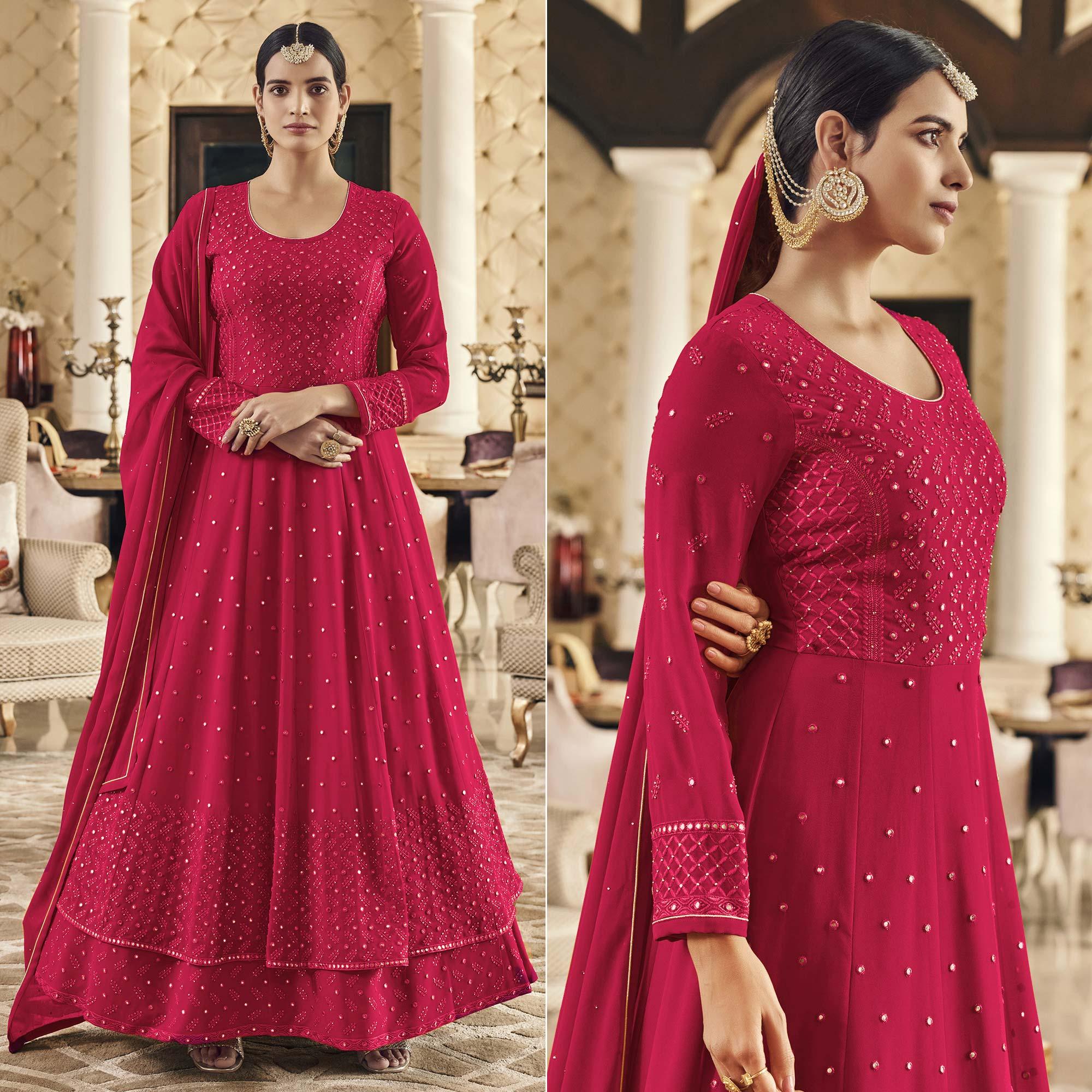 Peachmode Dark Pink Embroidered Georgette Anarkali Suit