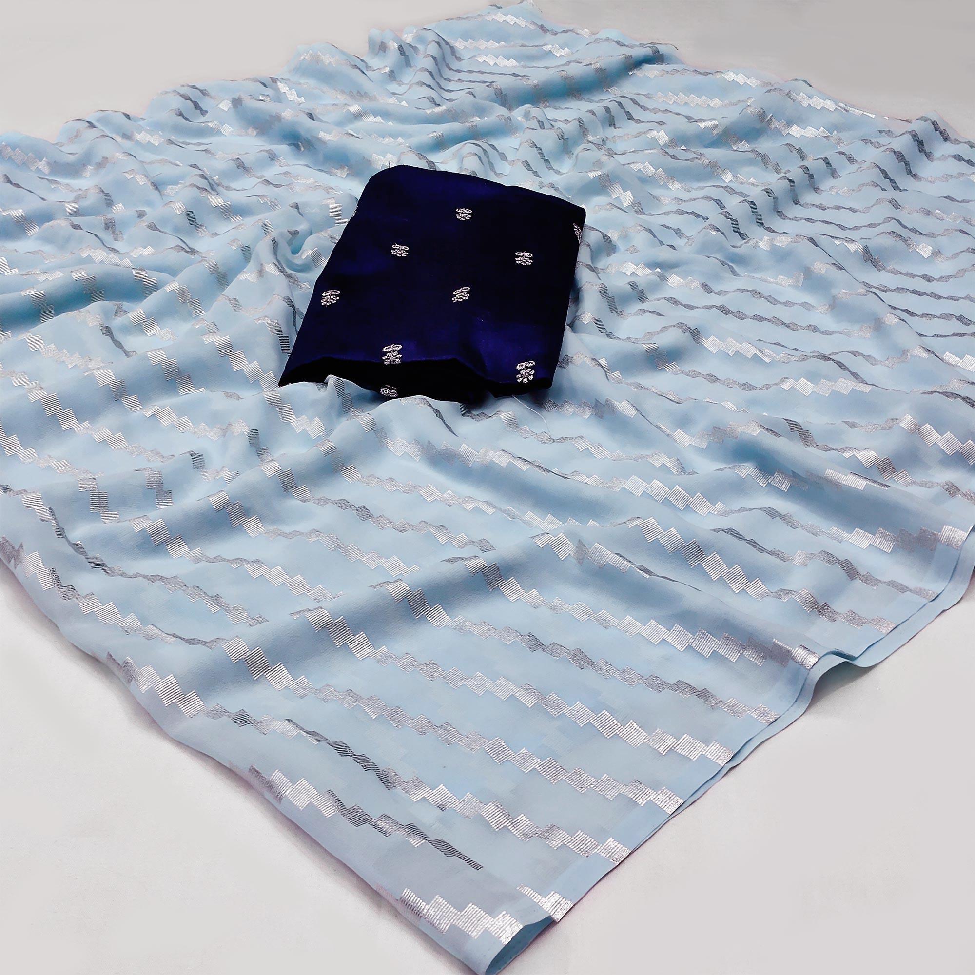 Peachmode Light Blue Foil Printed Georgette Saree