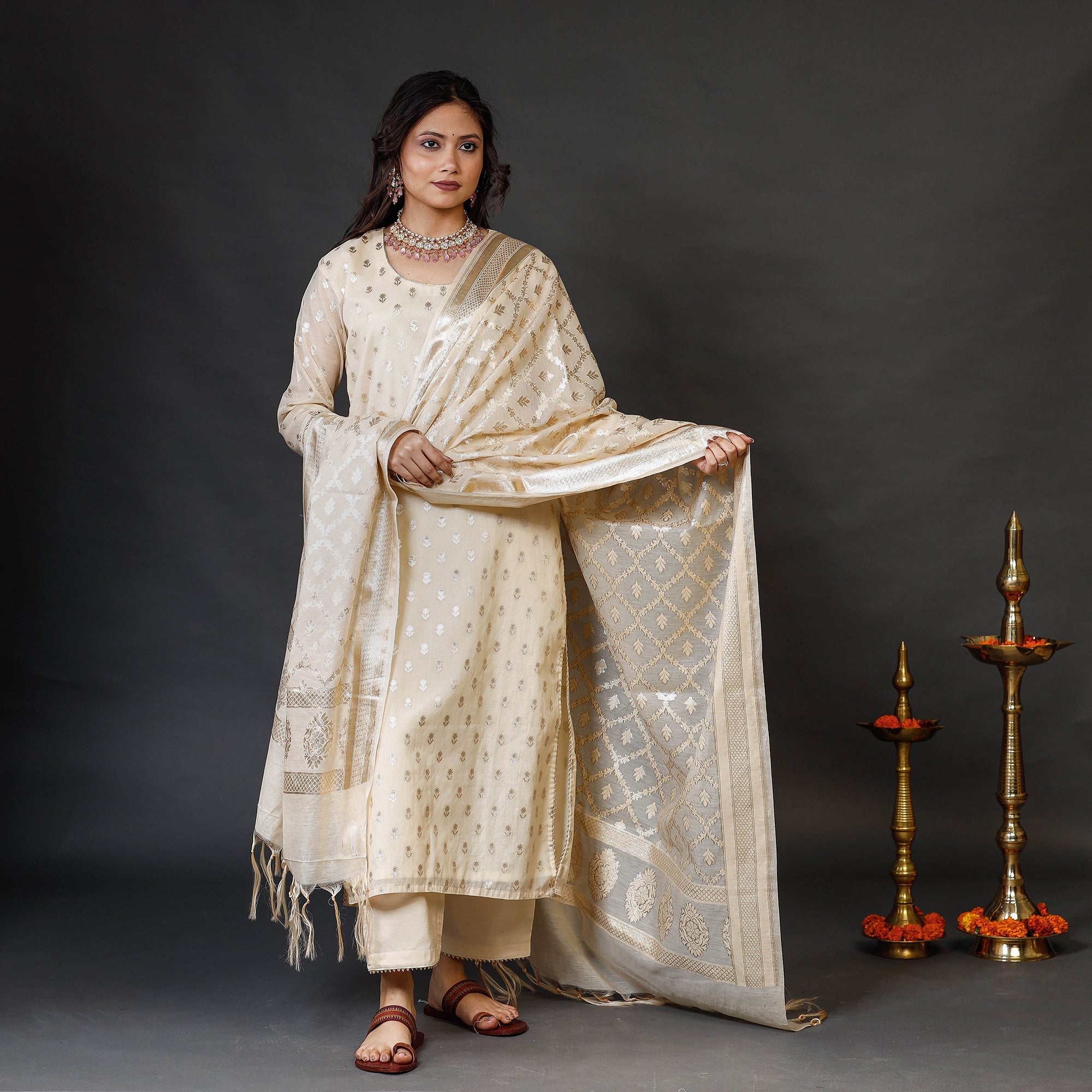 ITOKRI CASUALS Beige - Banarasi Silk Cotton Zari Work Kurta Set - view 2