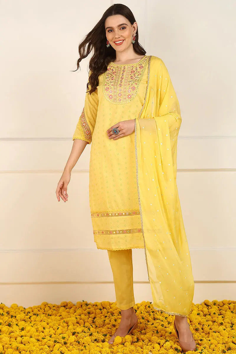Ahika Yellow Cotton Embroidered Straight Suit Set JPSKD1052YLW - view 4