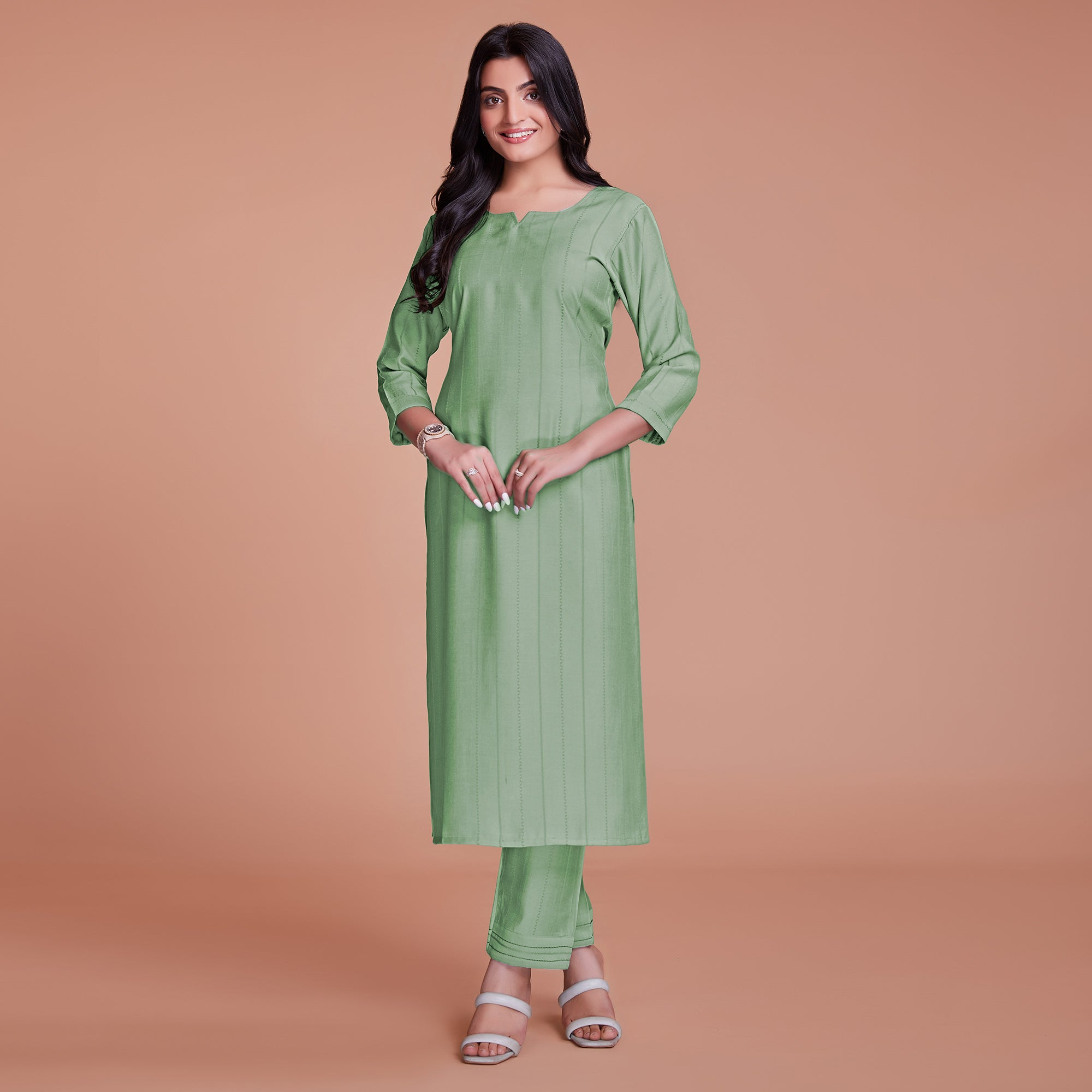 Peachmode Seller Light Pista Green Woven Viscose Kurti Pant Set - view 2
