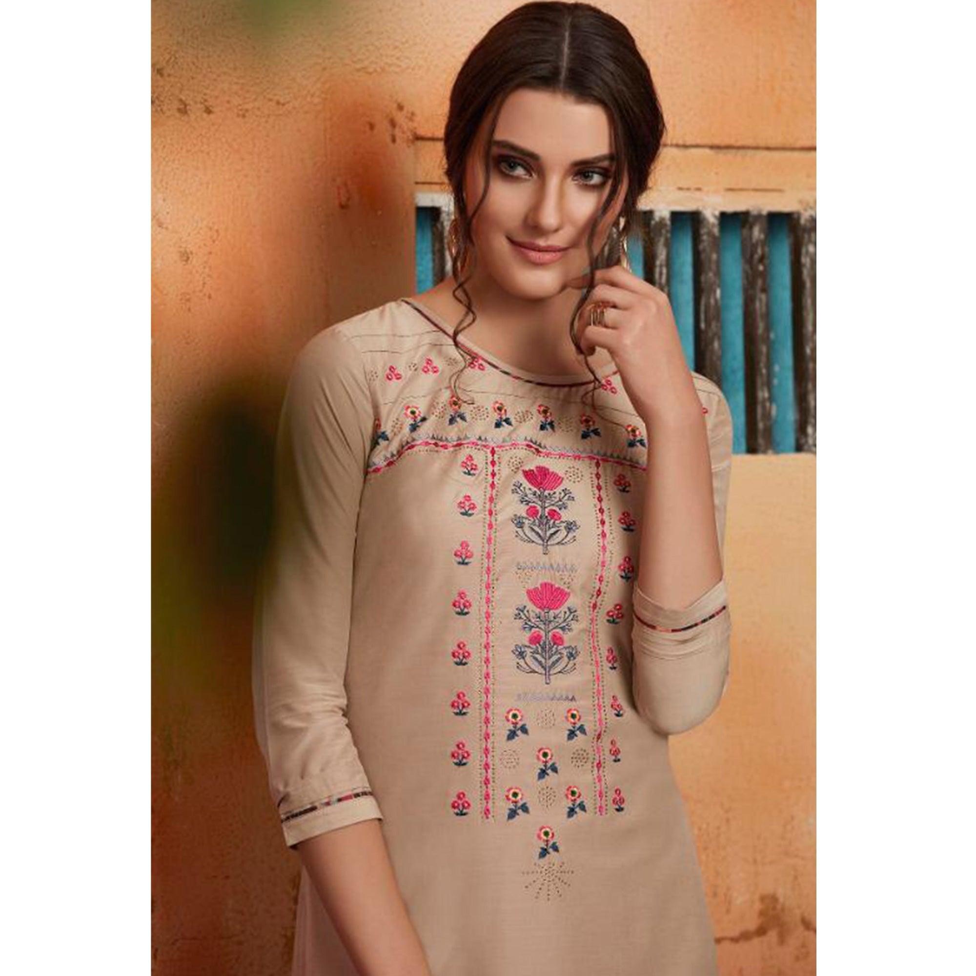 Peachmode Marvellous Beige Colored Partywear Embroidered Pure Muslin-Silk Kurti-Palazzo Set - view 2