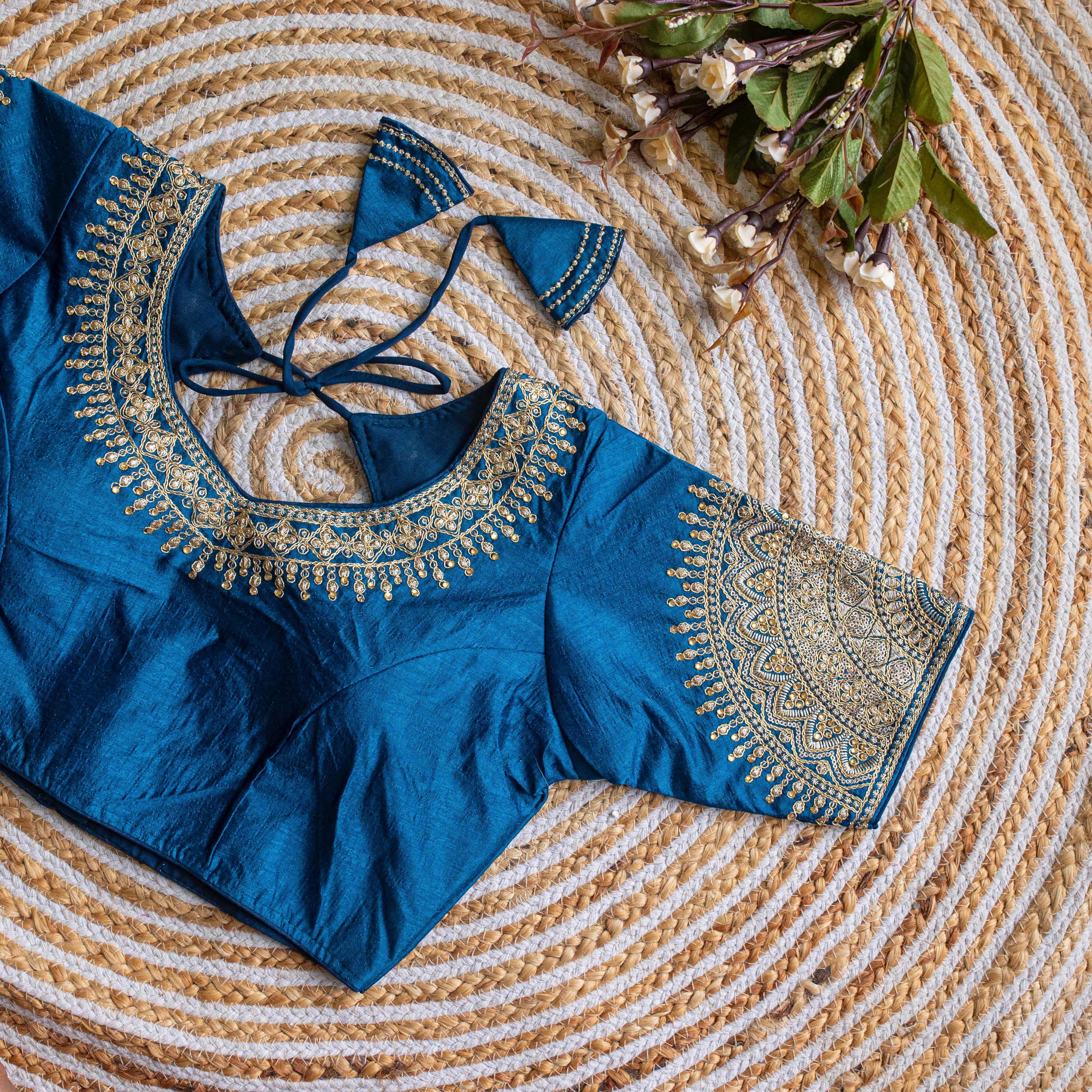 ClothsVilla Blue Luxurious Lucknowi Silk Blouse with Golden Embroidery and Sequins