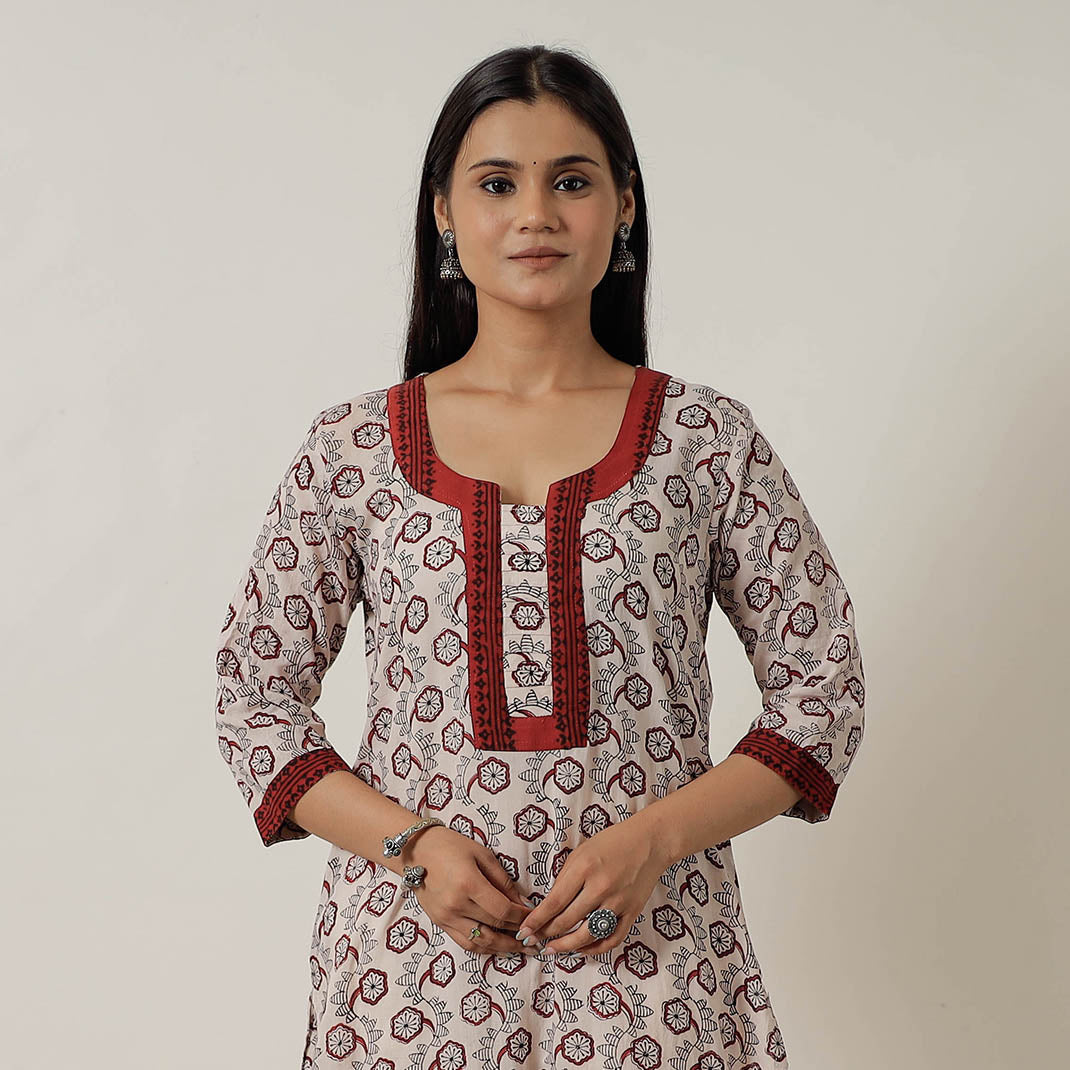 ITOKRI CASUALS Beige - Block Print Mul Cotton Straight Bagh Kurta 08