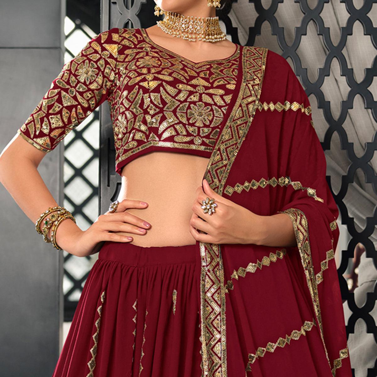 Peachmode Maroon Sequins Embroidered Georgette Lehenga Choli - view 3