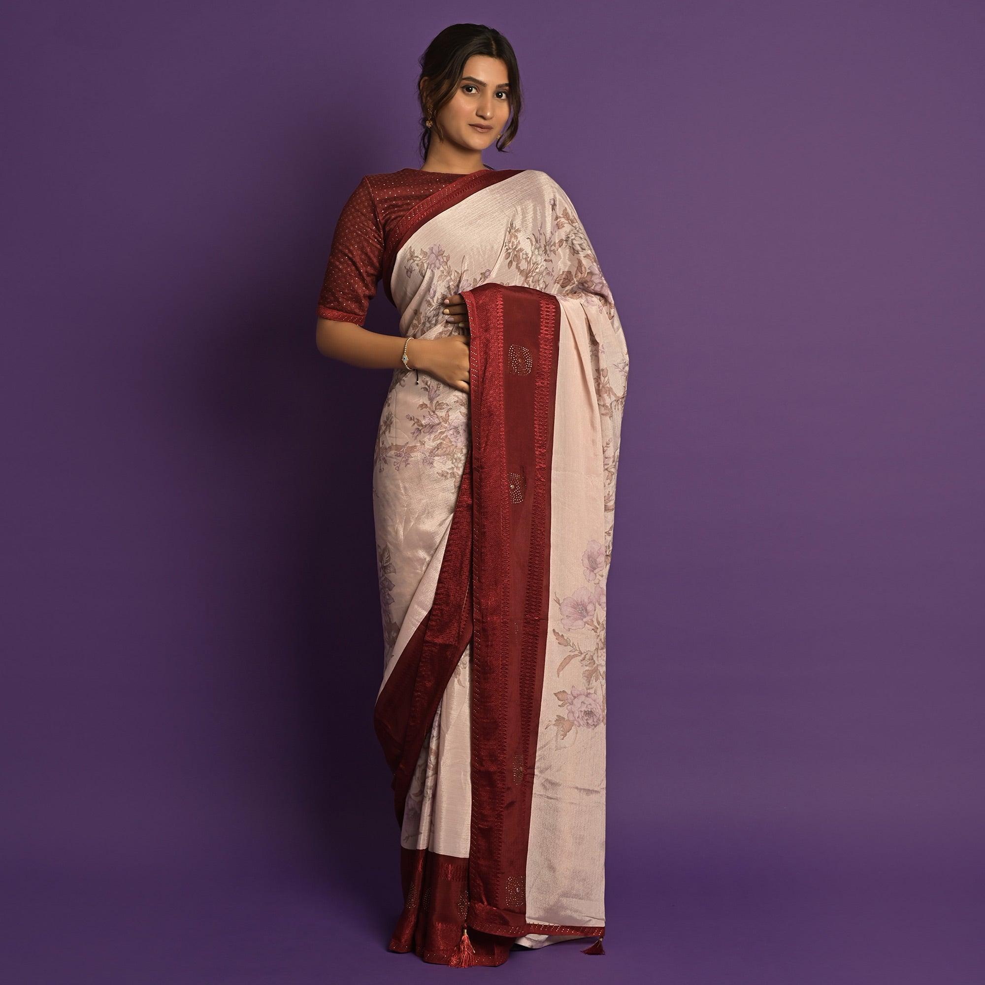 Peachmode Light Pink Printed-Embellished Chiffon Saree - view 2