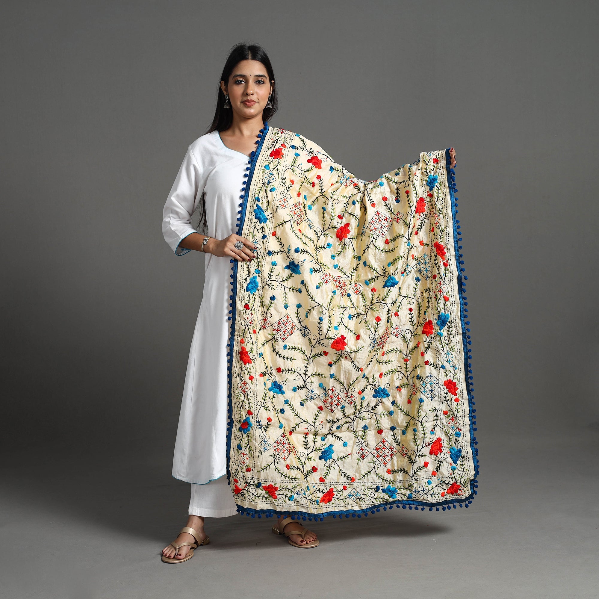 ITOKRI CRAFTS INITIATIVE Beige - Hand Embroidery Chanderi Silk Phulkari Dupatta 21