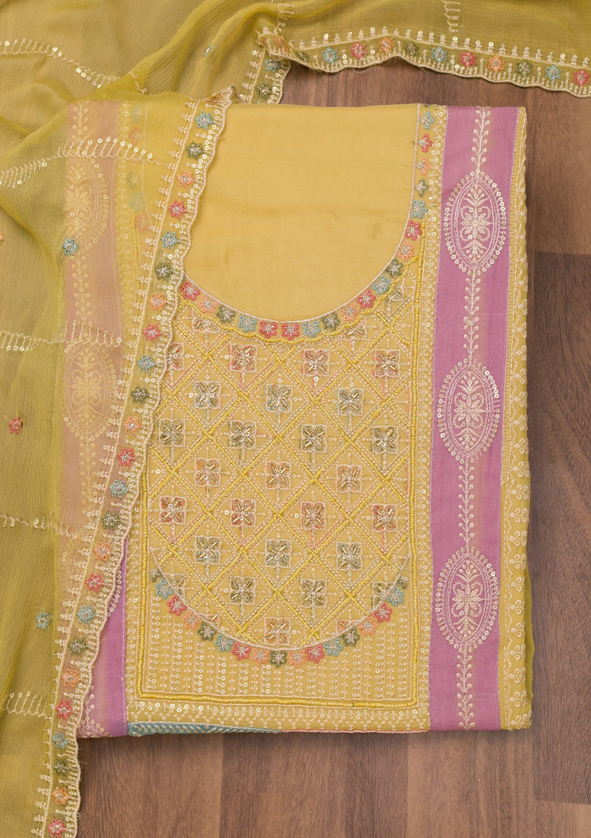 Koskii Mehendi Threadwork Semi Crepe Unstitched Salwar Suit - view 6