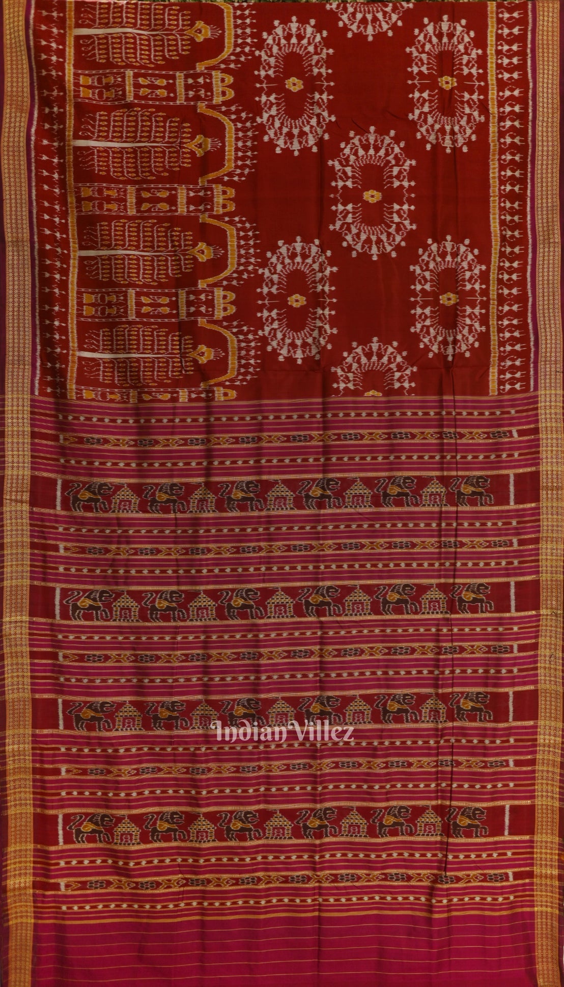 IndianVillèz Maroon Rudrakshya Border Odisha Ikat Khandua Silk Saree