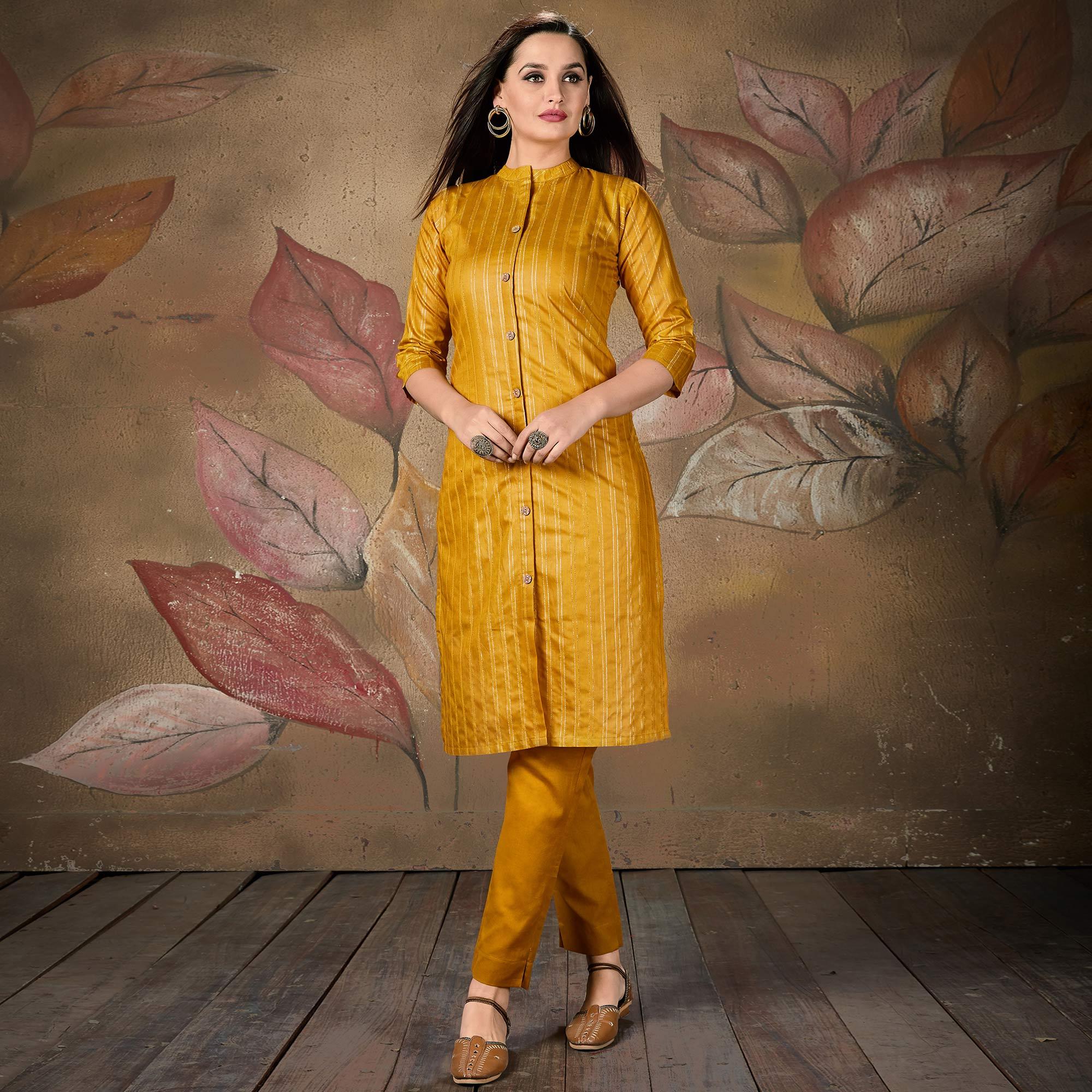 Peachmode Seller Majesty Lovely Mustard Yellow Colored Casual Wear Printed Cotton Kurti - view 2