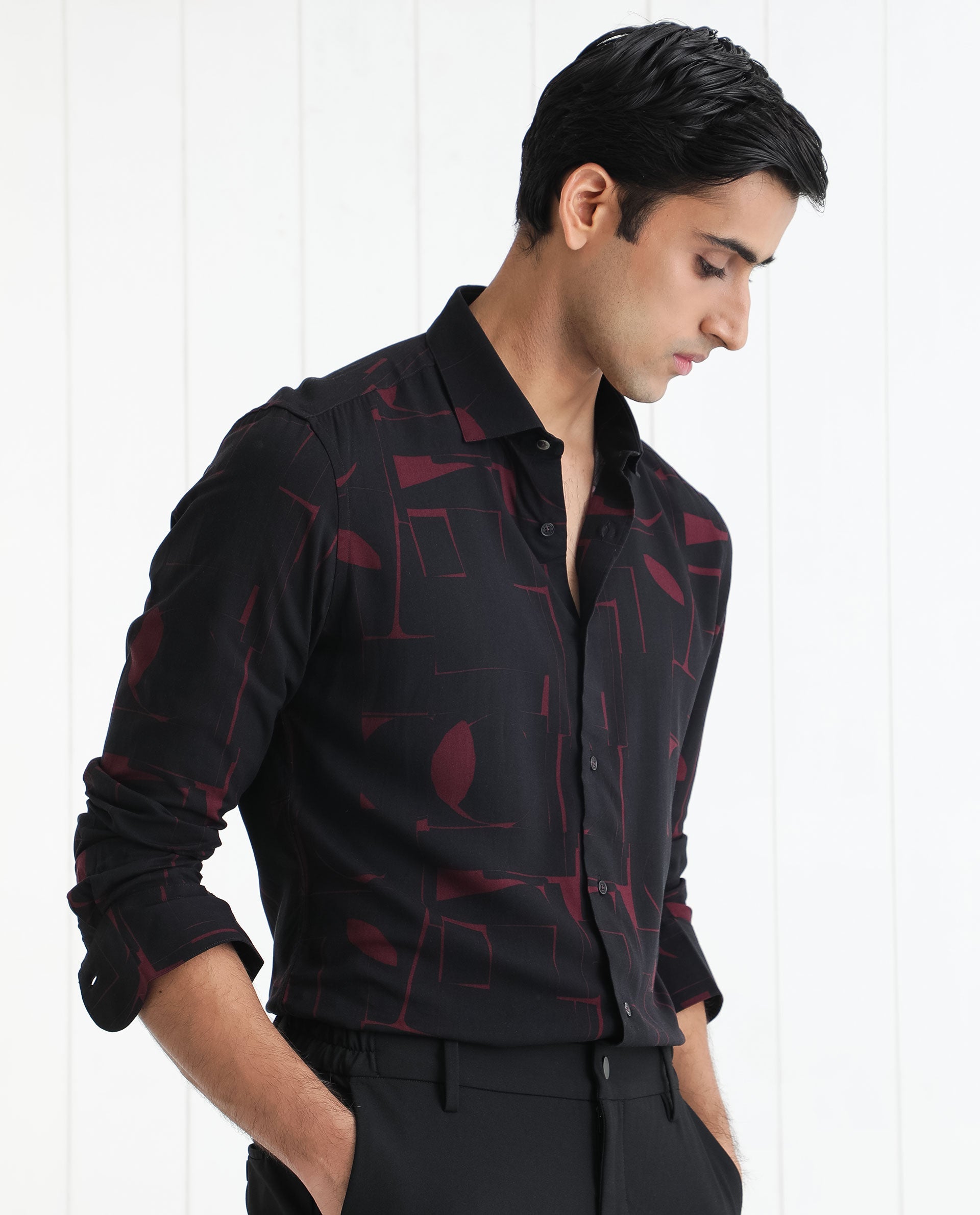 Rare Rabbit Men's Arjay Red Viscose Fabric Abstract Print Full Sleeves Shirt - view 6