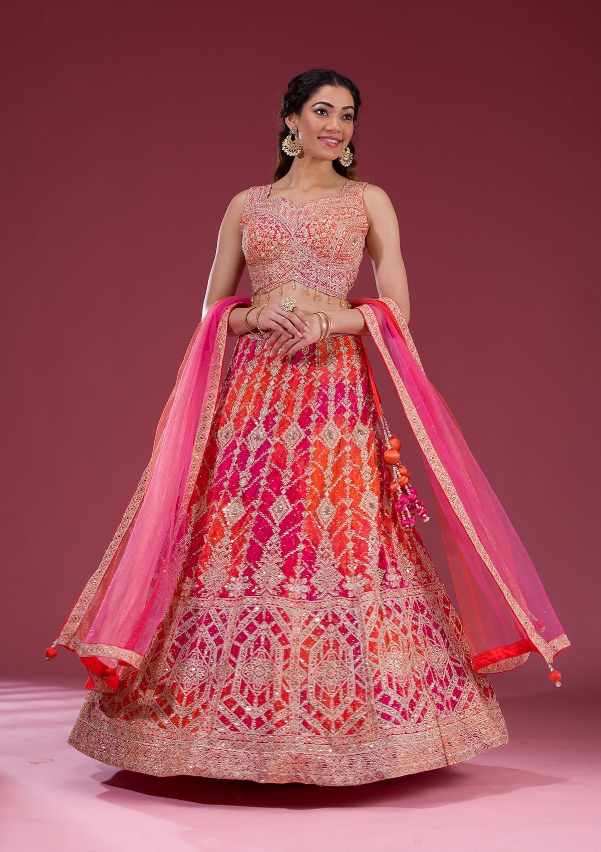 Koskii Orange Zariwork Semi Crepe Readymade Lehenga