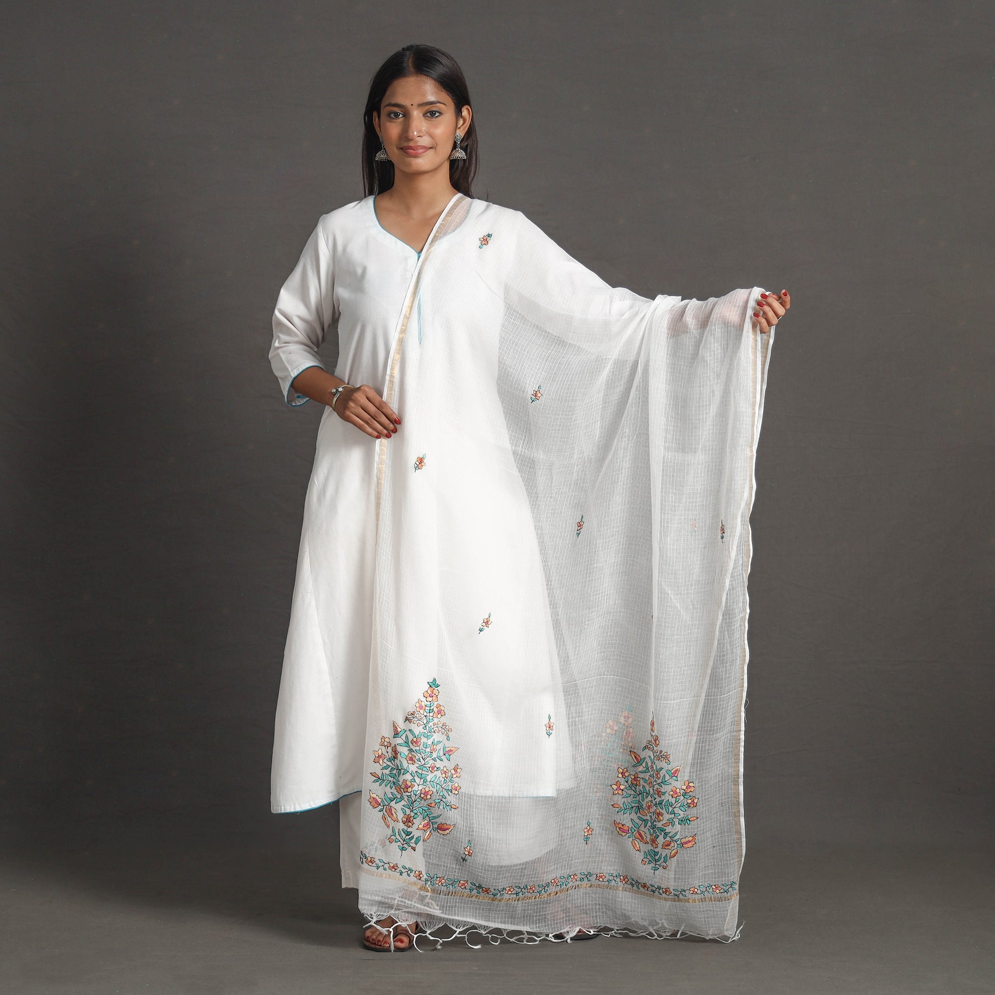 ITOKRI CRAFTS INITIATIVE Kota Doria Silk Cotton Kashida Embroidery Dupatta 37