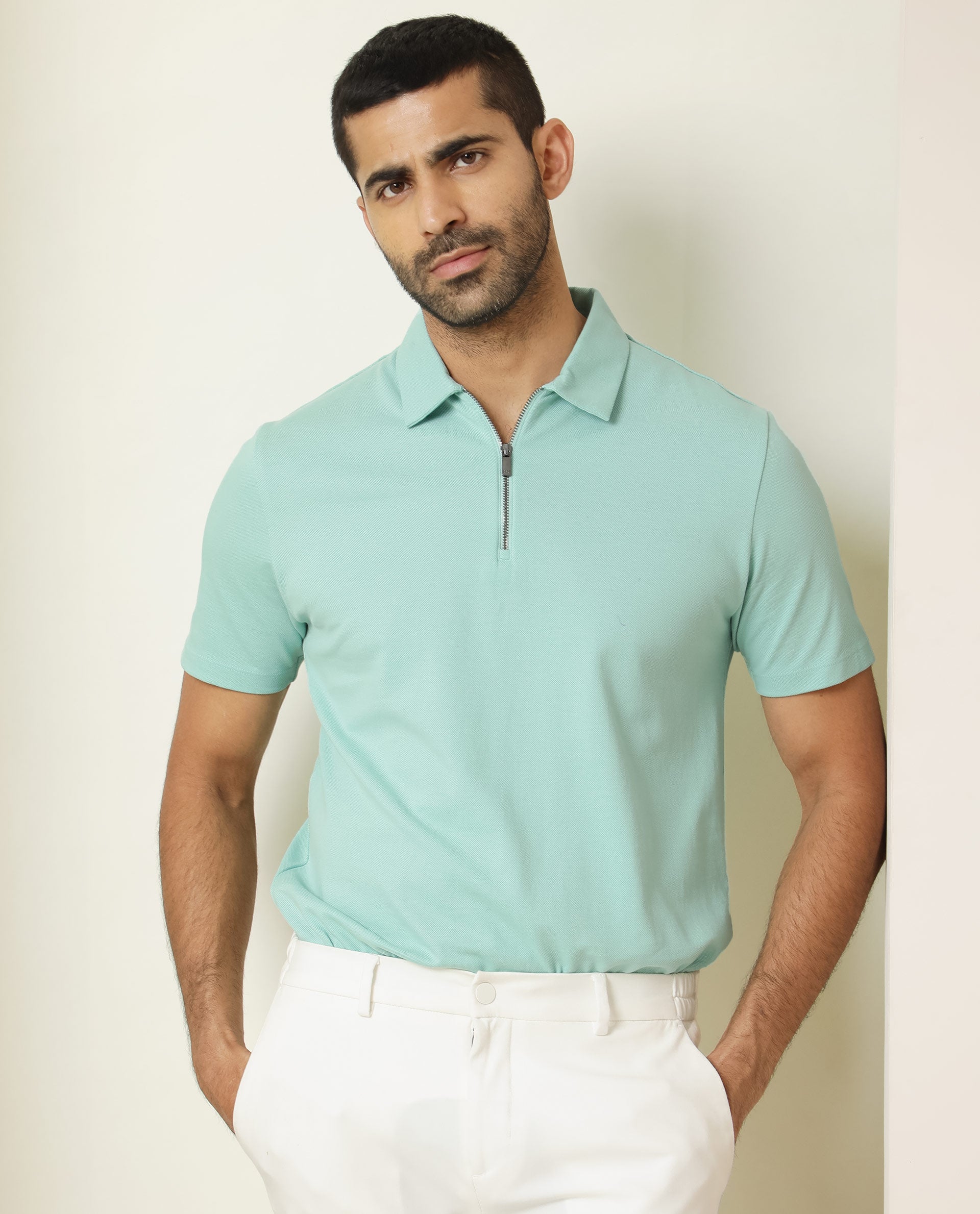 Rare Rabbit Men's Stel Pastel Green Cotton Fabric Collared Neck Zipper Closure Half Sleeves Flat Knit Polo T-Shirt - view 6