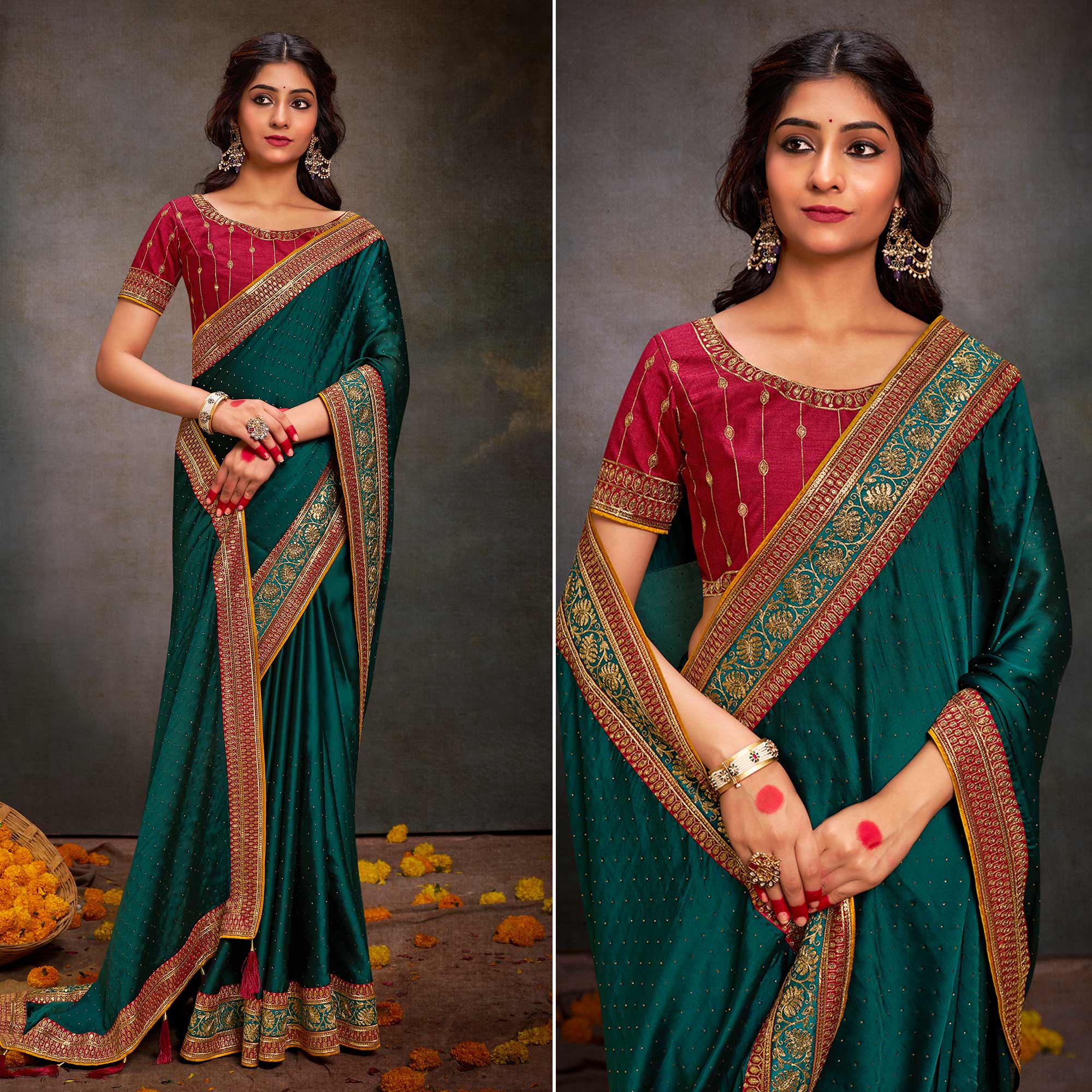Peachmode Dark Rama Green Swarovski Work Satin Saree With Tassels