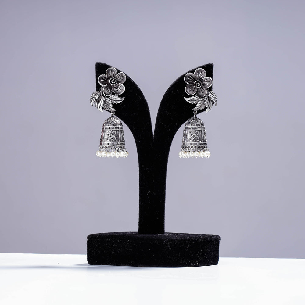 WHITE RIVER STORIES Antique Silver Finish Oxidised Brass Base Jhumki Earrings