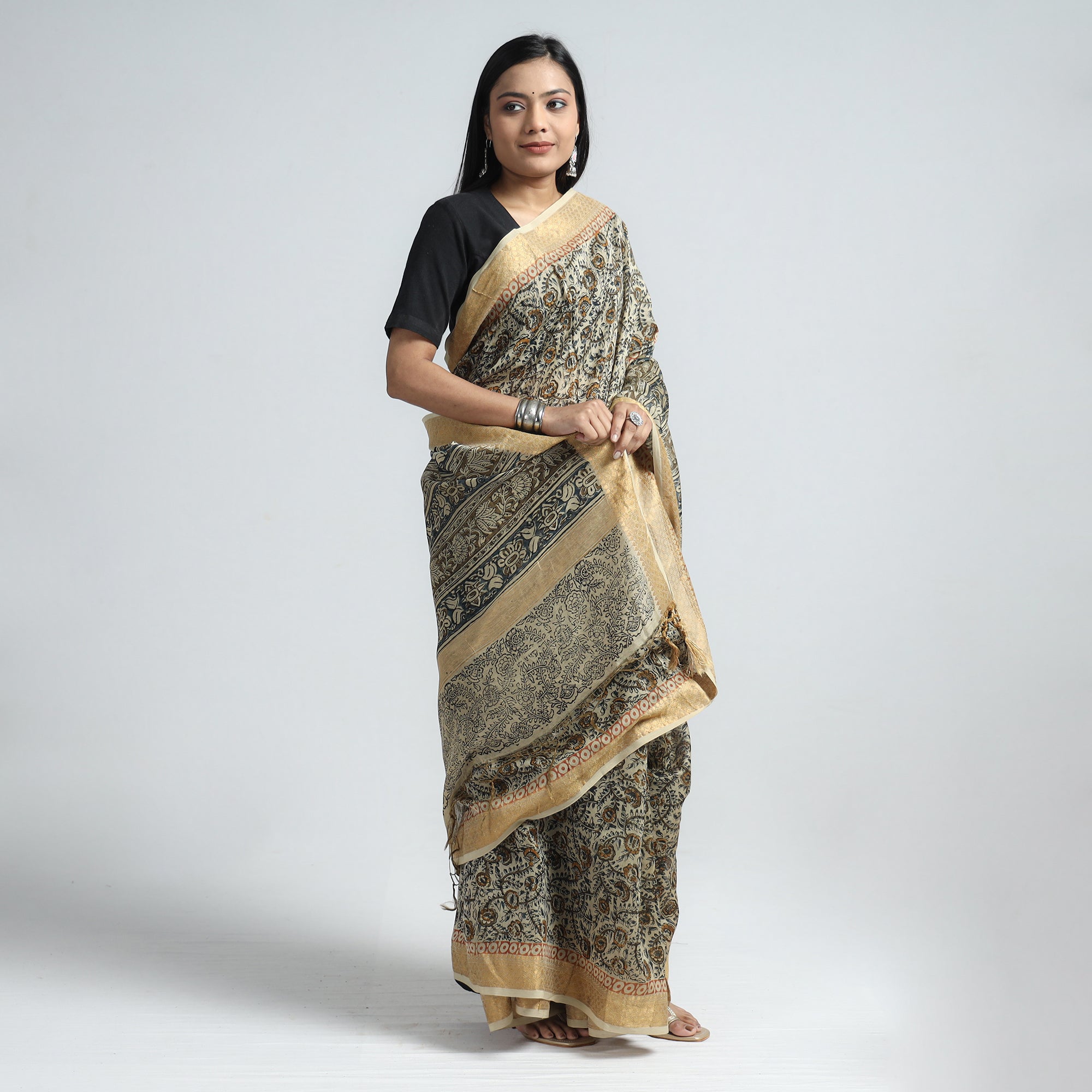 VENKATA BHANU KALAMKARI PEDANA Beige - Original Pedana Kalamkari Block Print Silk Saree