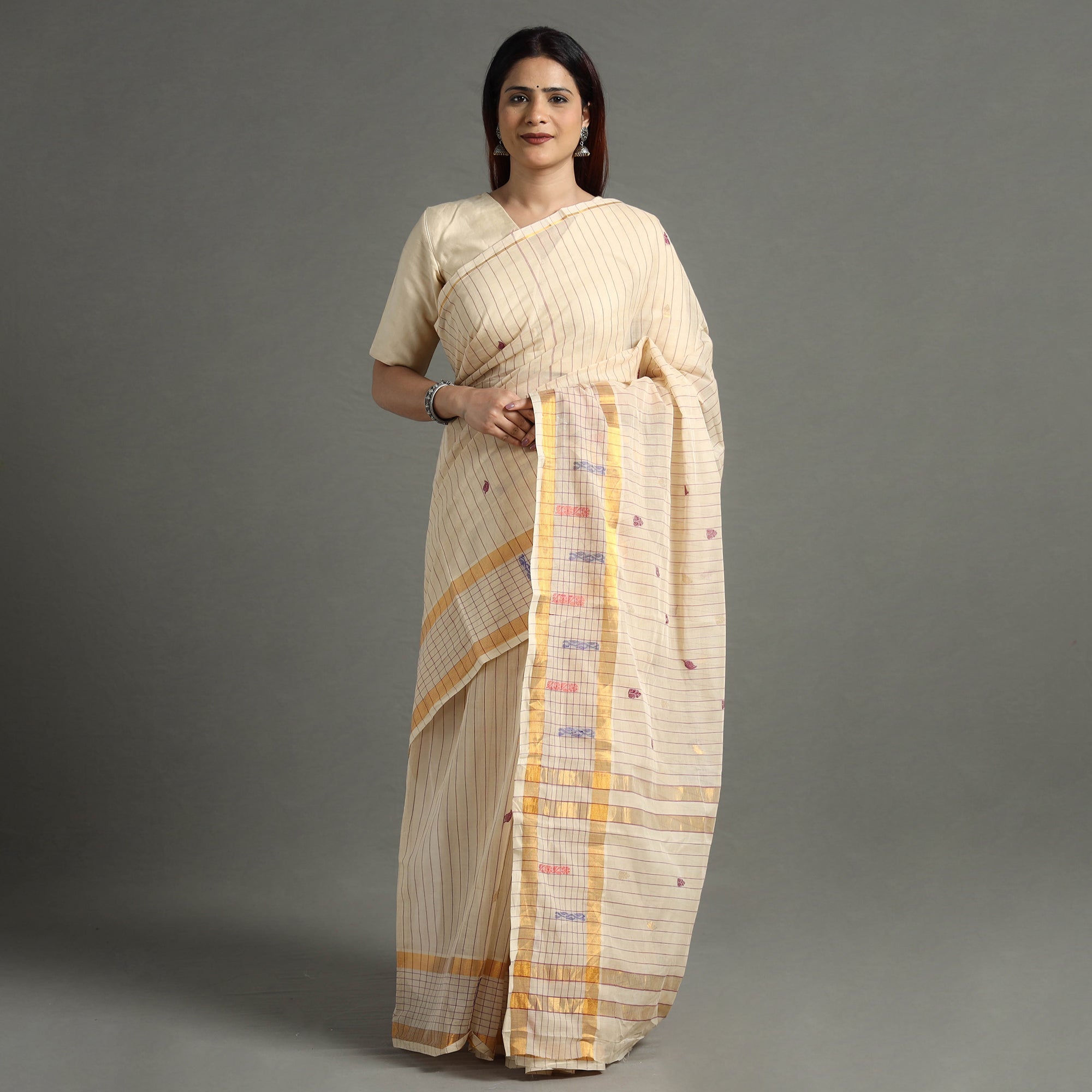 SOUTH KARGHA Beige - Traditional Venkatagiri Handloom Cotton Stripe Saree with Thread & Zari Buti 37