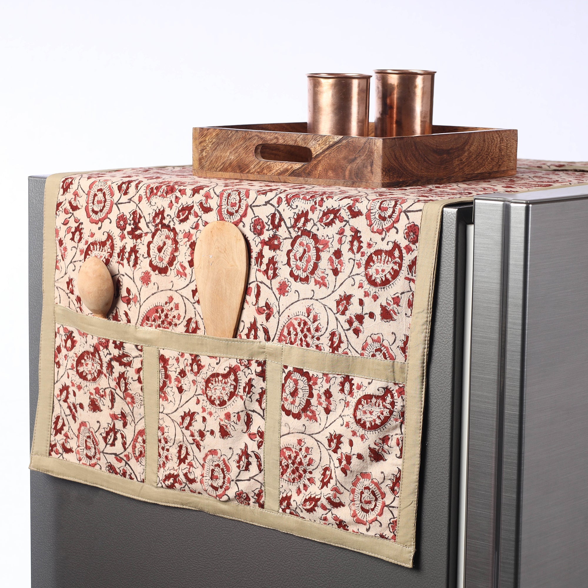 JALPARI Beige - Kalamkari Block Printed Cotton Fridge Top Cover with Multiple Pockets