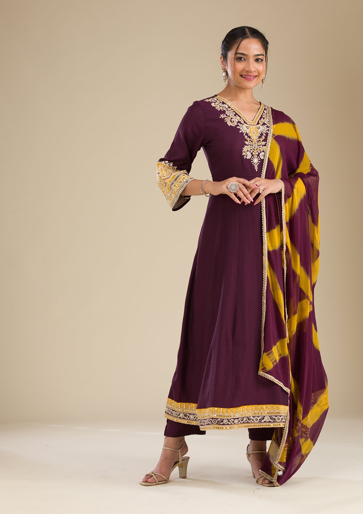 Koskii Wine Zariwork Chiffon Readymade Salwar Suit - view 8