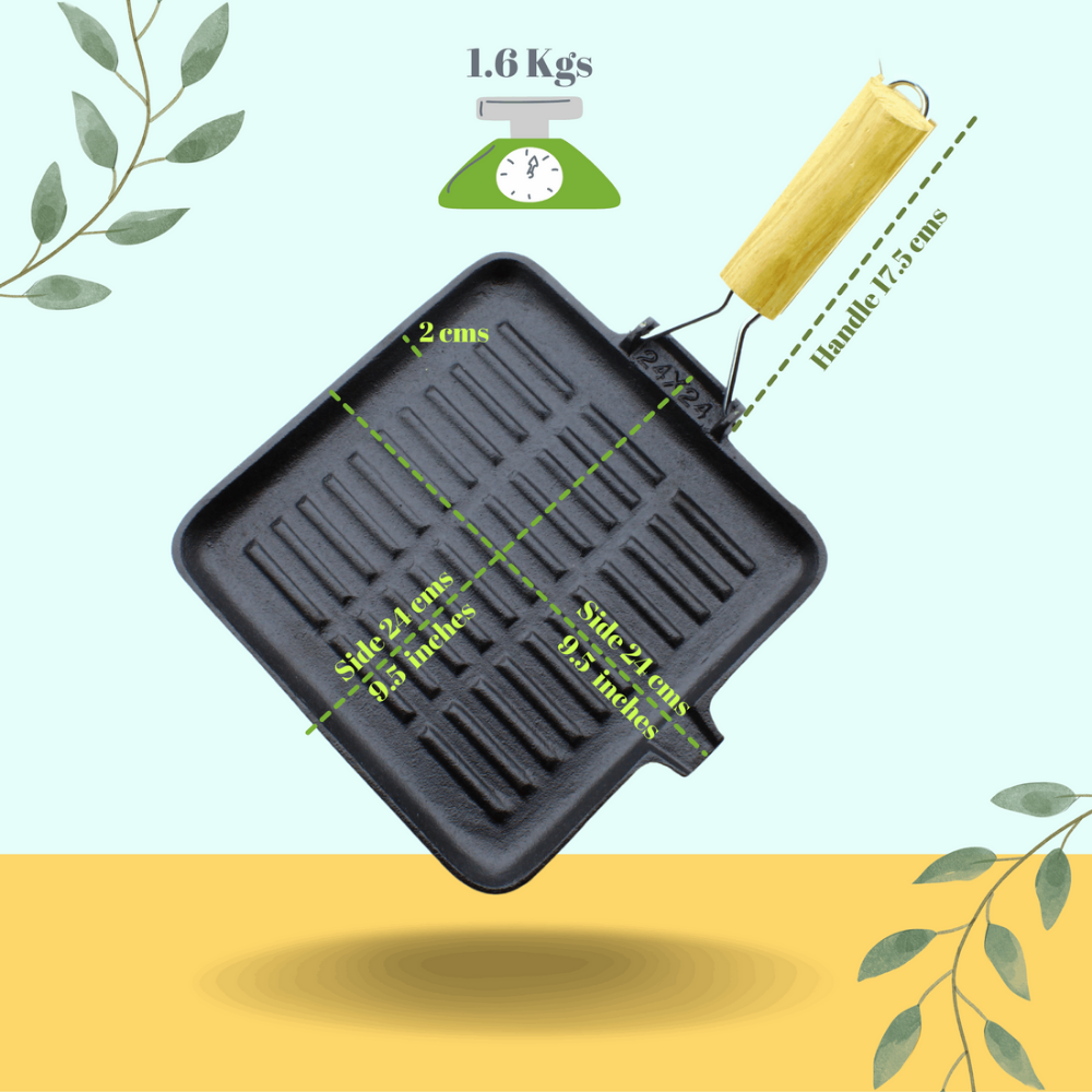 Trilonium Pre-Seasoned Cast Iron Square Grill Pan with Foldable Handle | Gas & Induction Compatible | Black - view 2