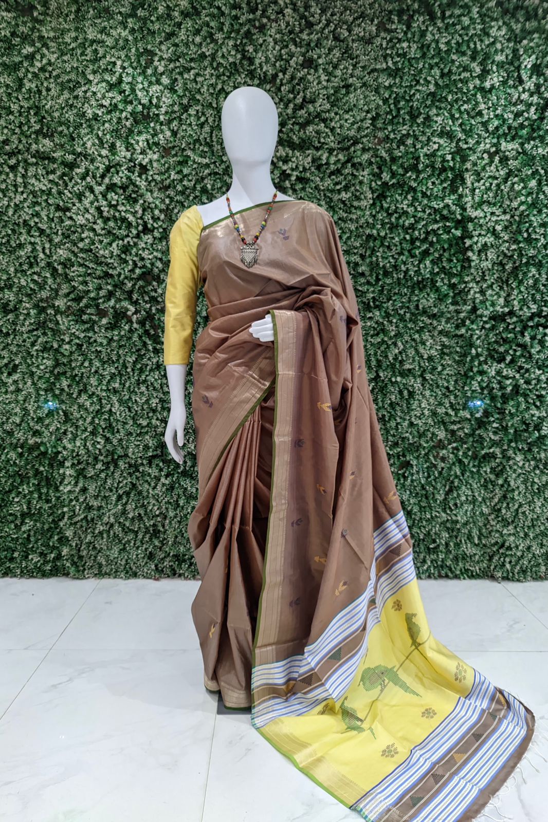 IndianVillèz Brown With Light Yellow Handwoven Bishnupuri Silk Saree