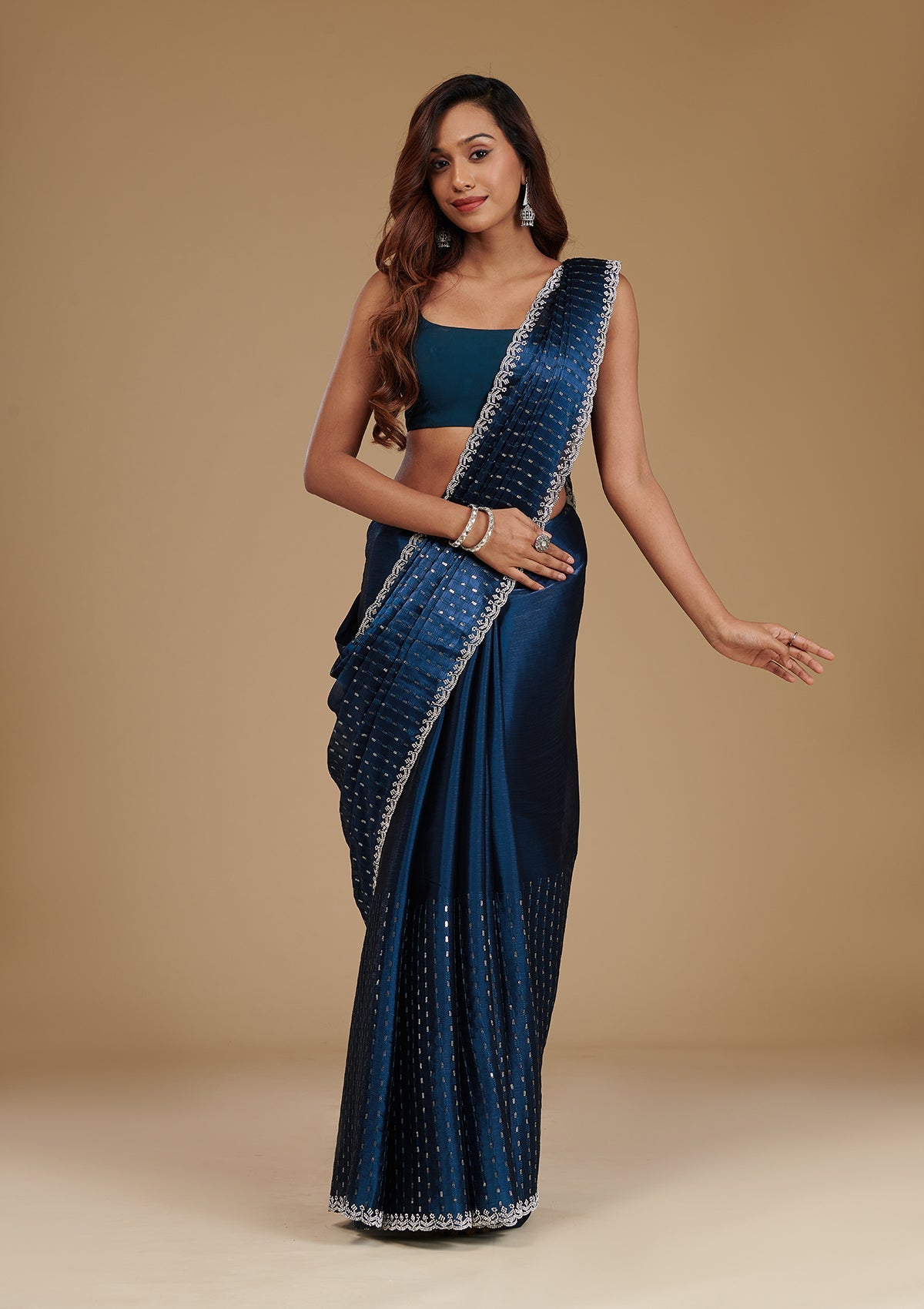 Koskii Navy Blue Stonework Georgette Saree – Women's