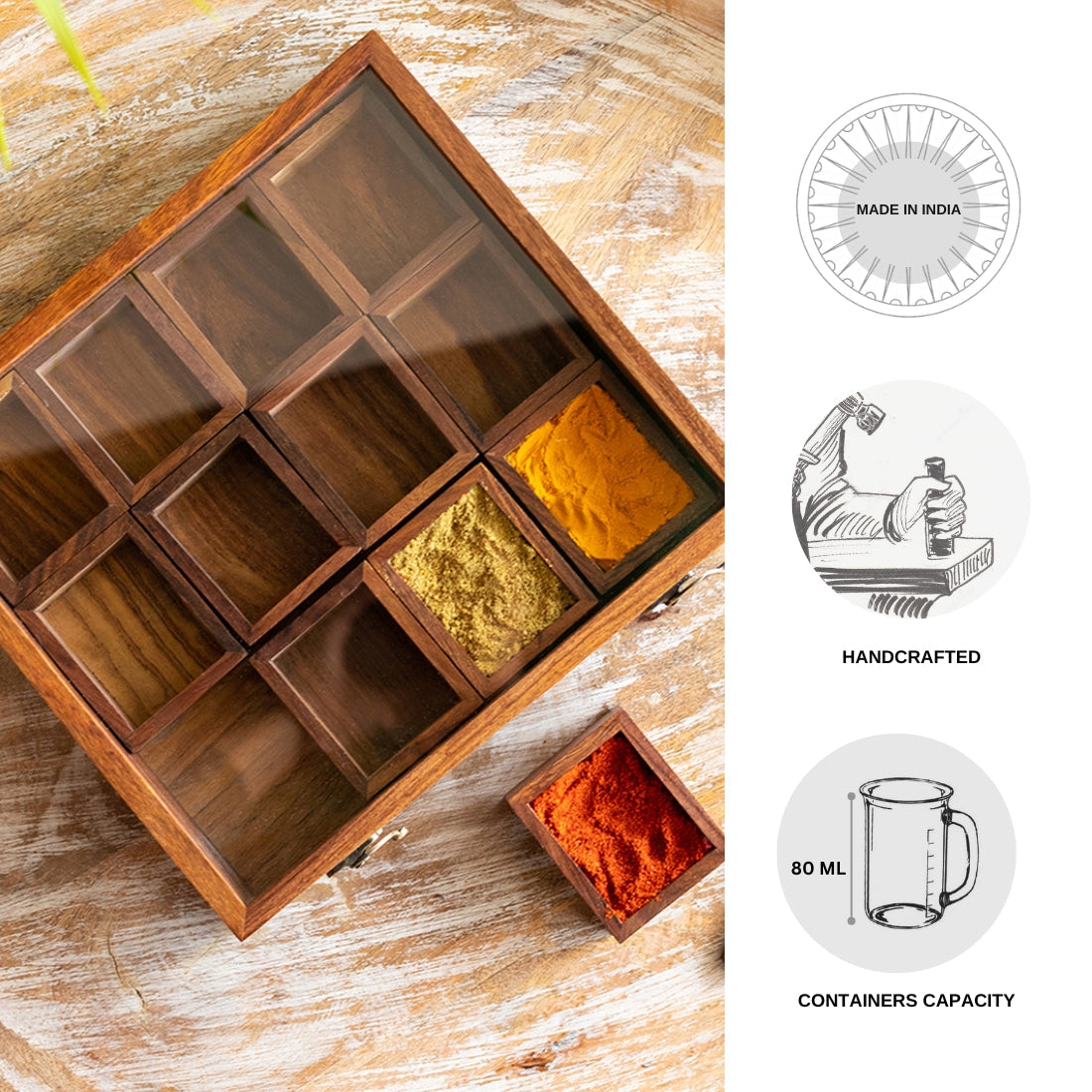 EXCLUSIVELANE 'Medley of Masalas' Handcrafted Spice Box With Spoon In Sheesham Wood (12 Containers, 80 ml) - view 5