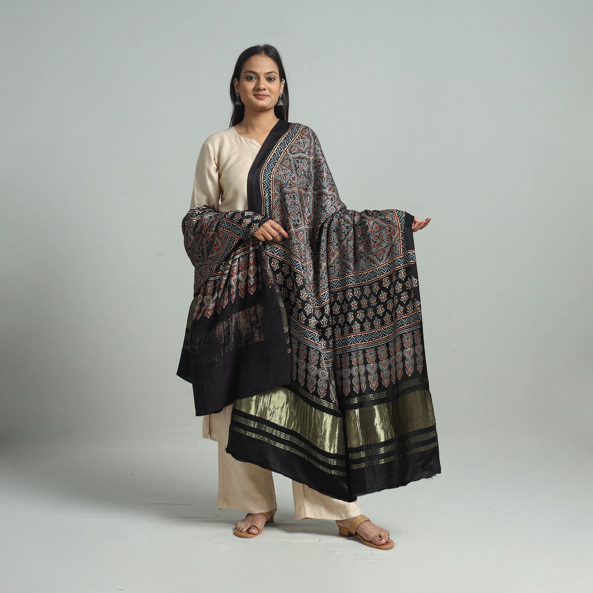 KACHCHH JI CHHAAP Black - Modal Silk Block Print Ajrakh Dupatta 76