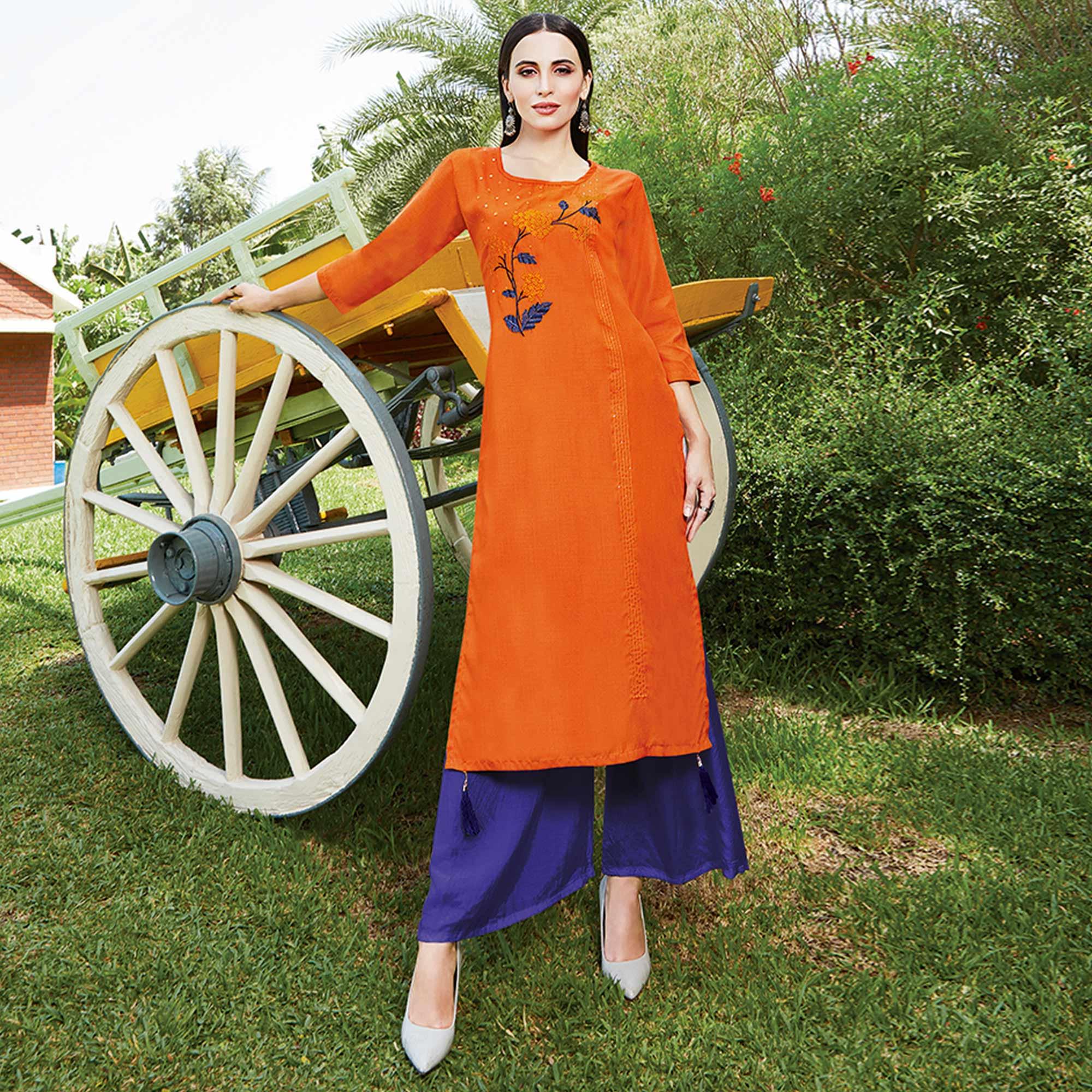 Orange kurtas – BlackTree graceful-orange-colored-casual-wear-embroidered-cotton-sulb-kurti-105354