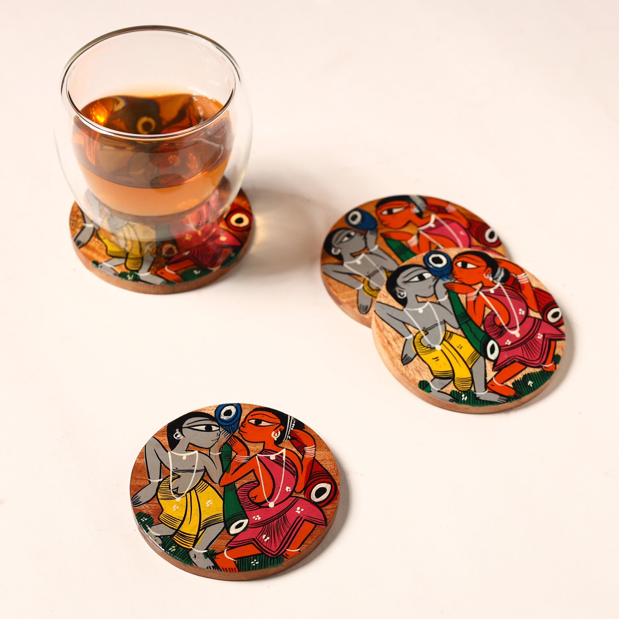 ITOKRI CRAFTS INITIATIVE Bengal Patua Handpainted Akashmoni Wooden Coasters (Set of 4) 30