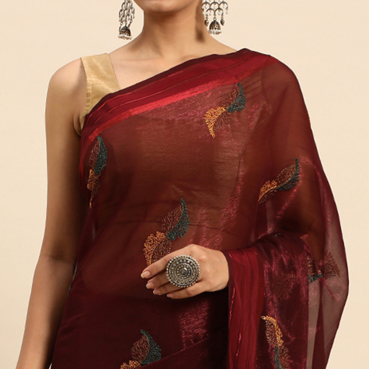 Peachmode Maroon Swarovski With Embroidery Work Chiffon Saree - view 3