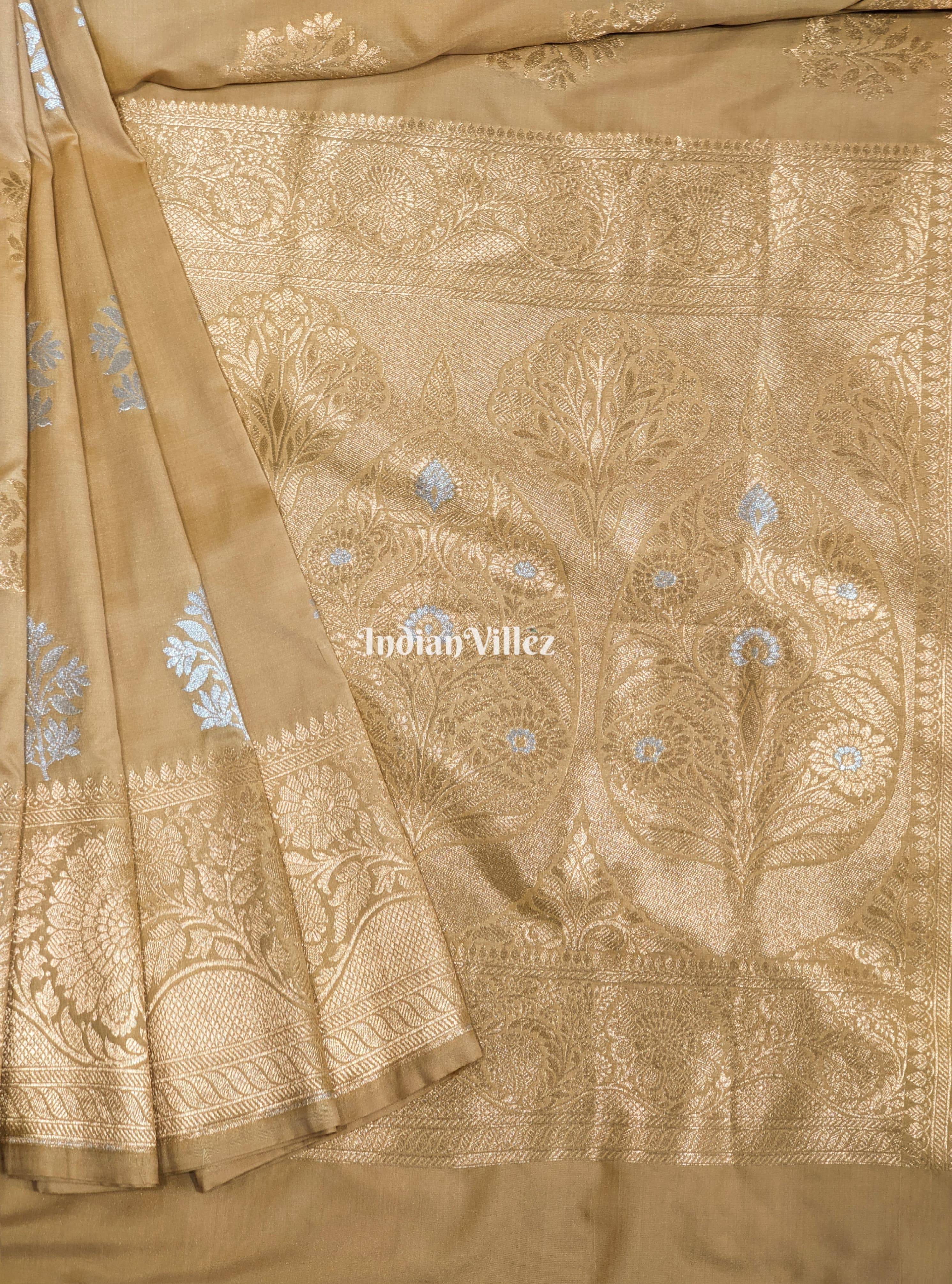 IndianVillèz Cream Color Floral Design Pure Banarasi Katan Saree