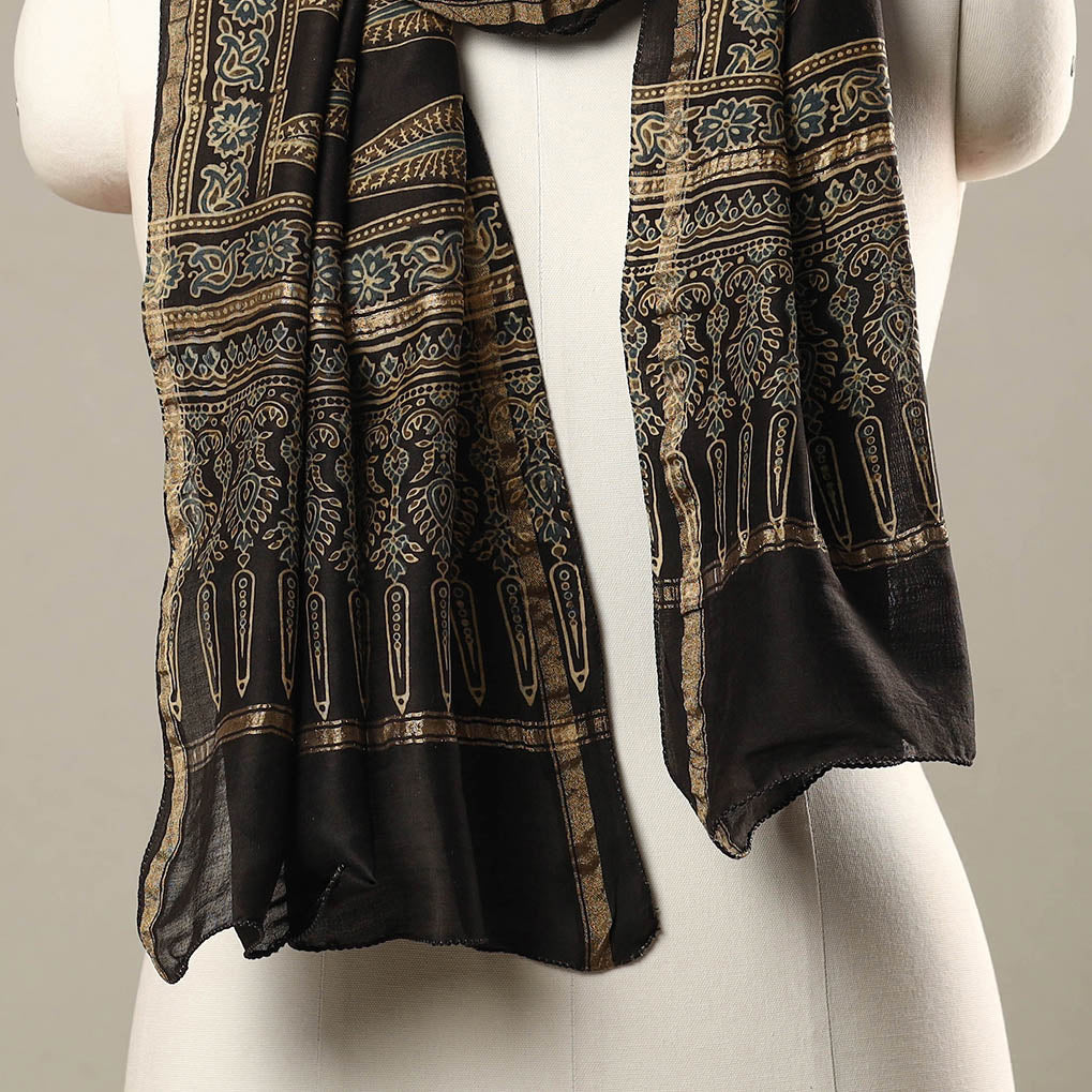 RIYAZ ABDULMAJID KHATRI - AJRAKH Brown - Handloom Chanderi Silk Block Printed Ajrakh Stole 20 - view 3