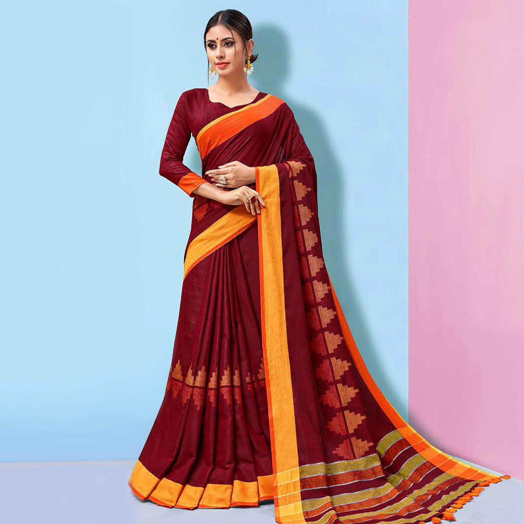 Peachmode Impressive Maroon Colored Partywear Printed Linen Cotton Saree