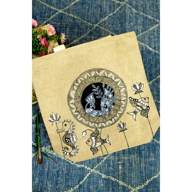 DIORAMA DESIGNS Beige - Folklore Fusion Handpainted Cotton Jute Tote Bag - view 2