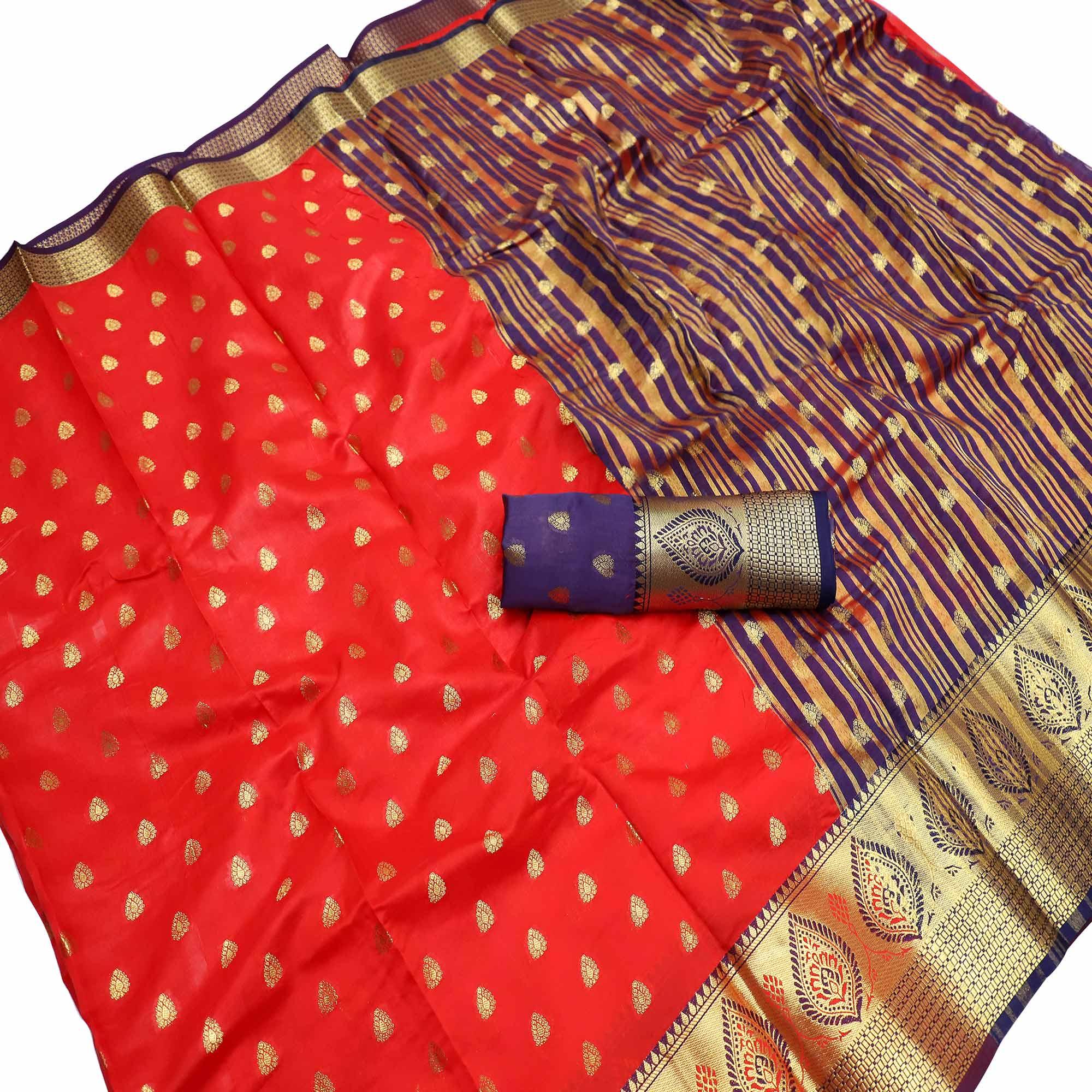 Peachmode Mesmeric Red Colored Festive Wear Woven Litchi Kota Silk Saree