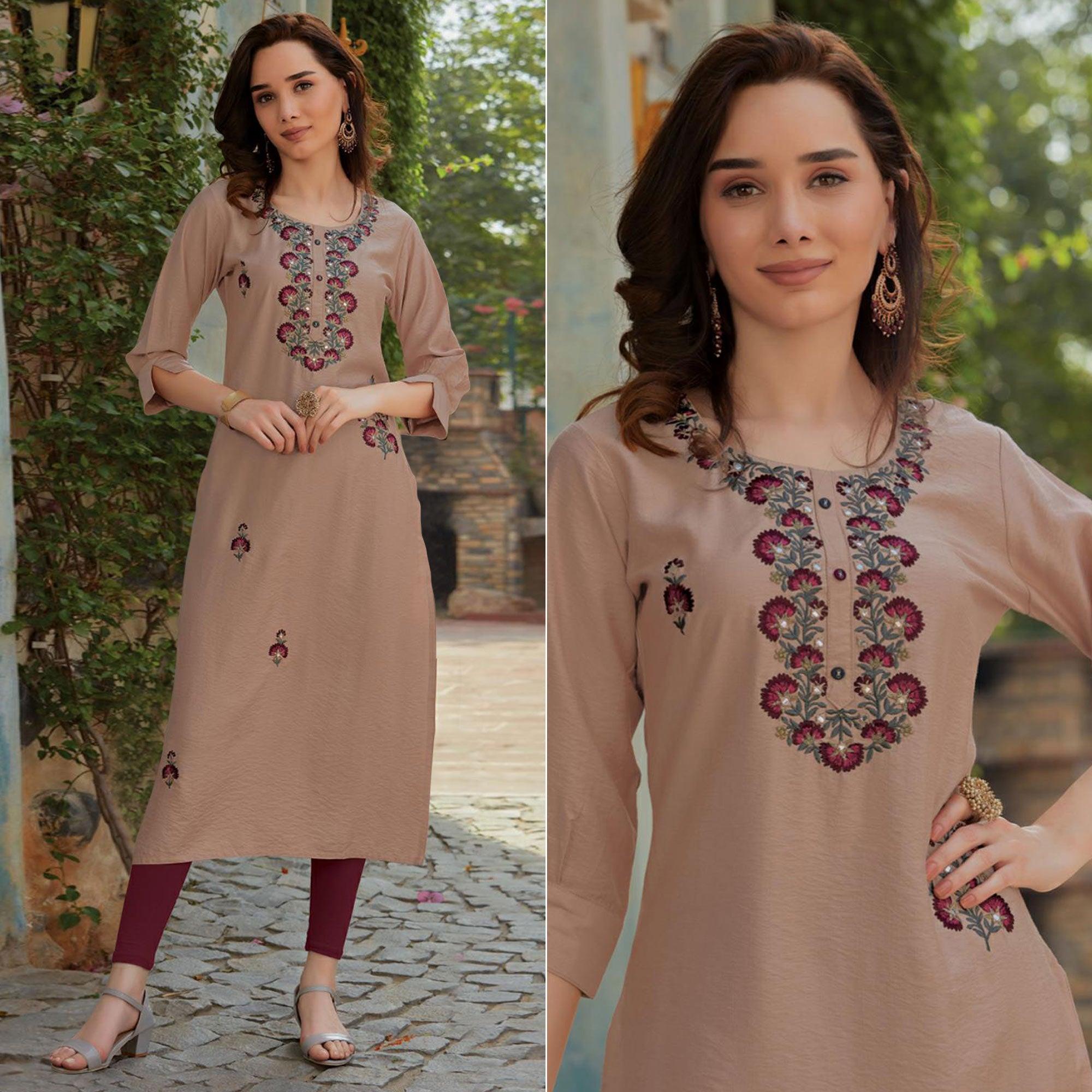 Peachmode Seller Mauve Embroidered Cotton Silk Kurti