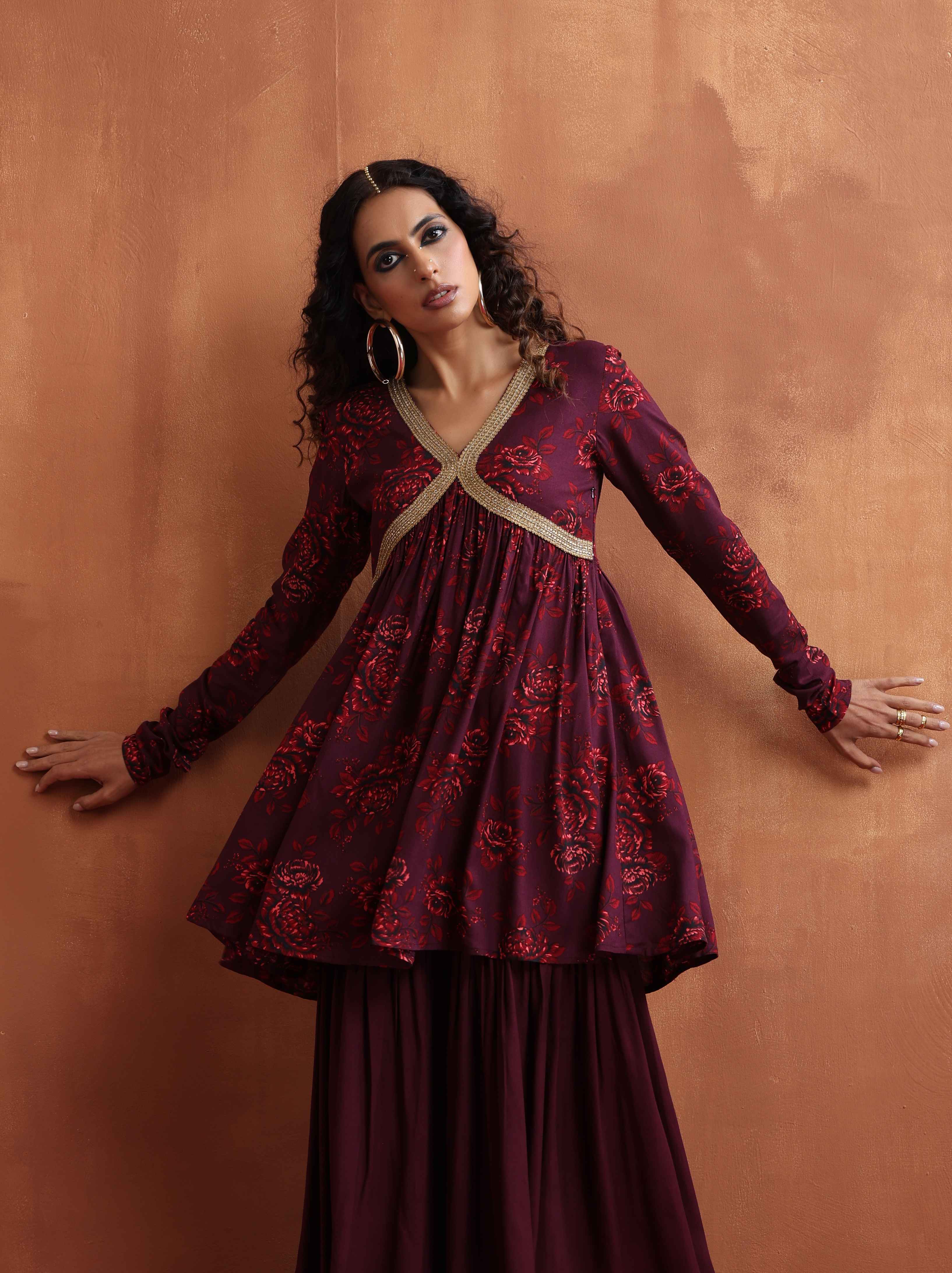 trueBrowns Purple Floral Print Sharara Set - view 3