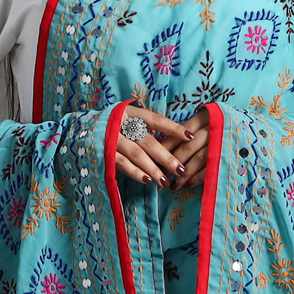 ITOKRI CRAFTS INITIATIVE Blue - Georgette Chapawork Embroidery Phulkari Dupatta 165 - view 4