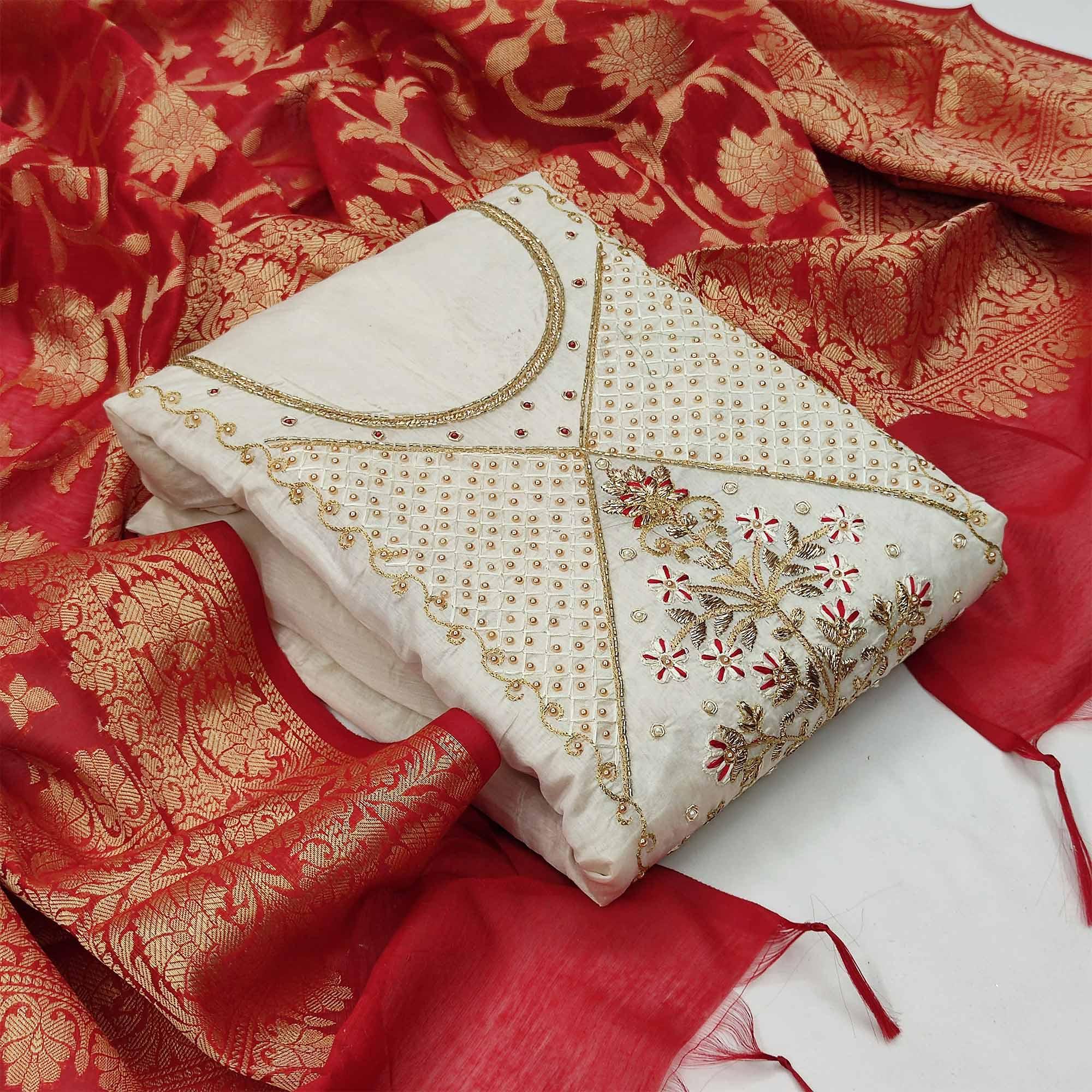 Peachmode Magnetic White Colored Festive Wear Embroidered Modal Chanderi Dress Material
