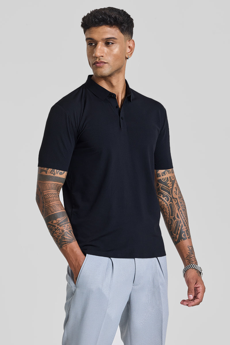 SNITCH Black Textured Polo T-Shirt