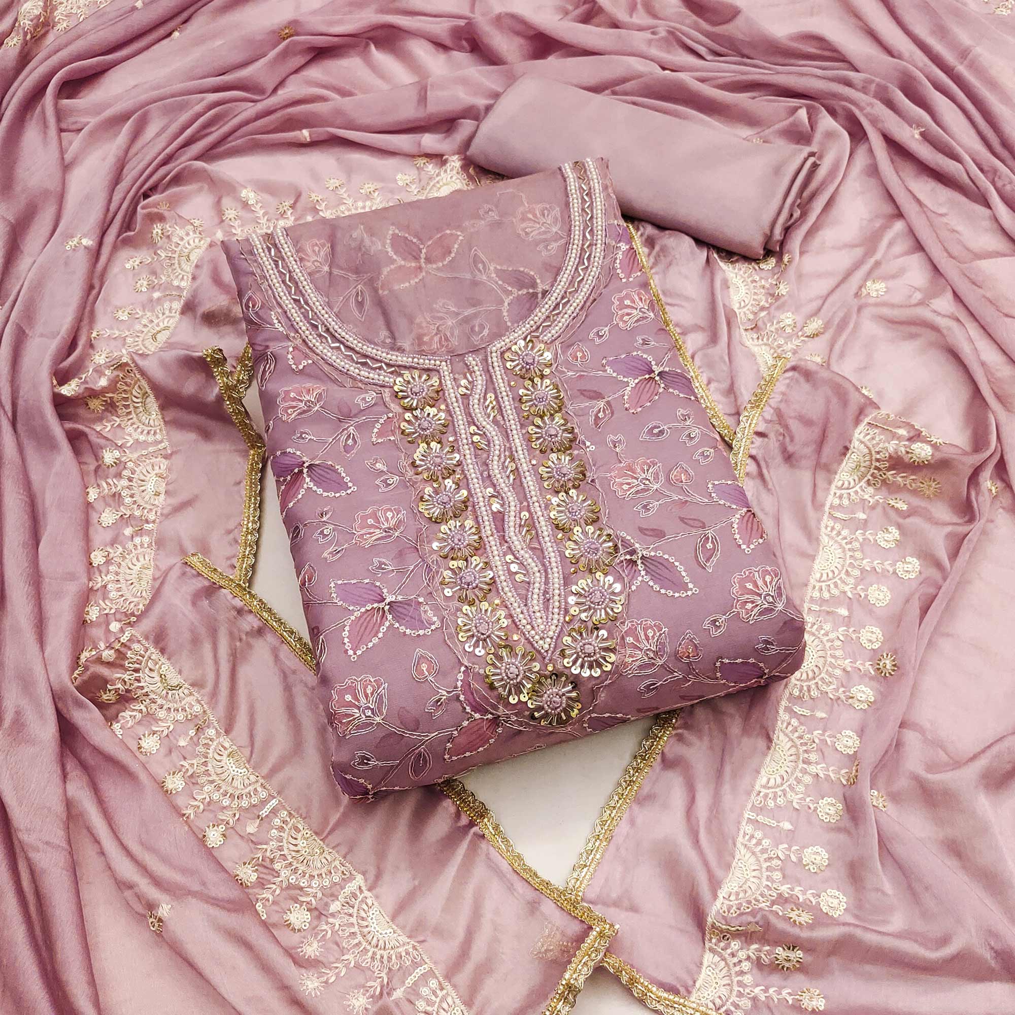 Peachmode Mauve Floral Hand Embroidered Organza Dress Material