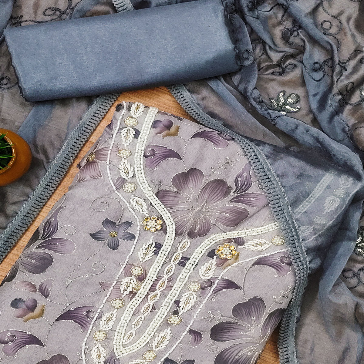 Peachmode Light Lavender Floral Sequins Embroidered With Printed Organza Dress Material - view 2