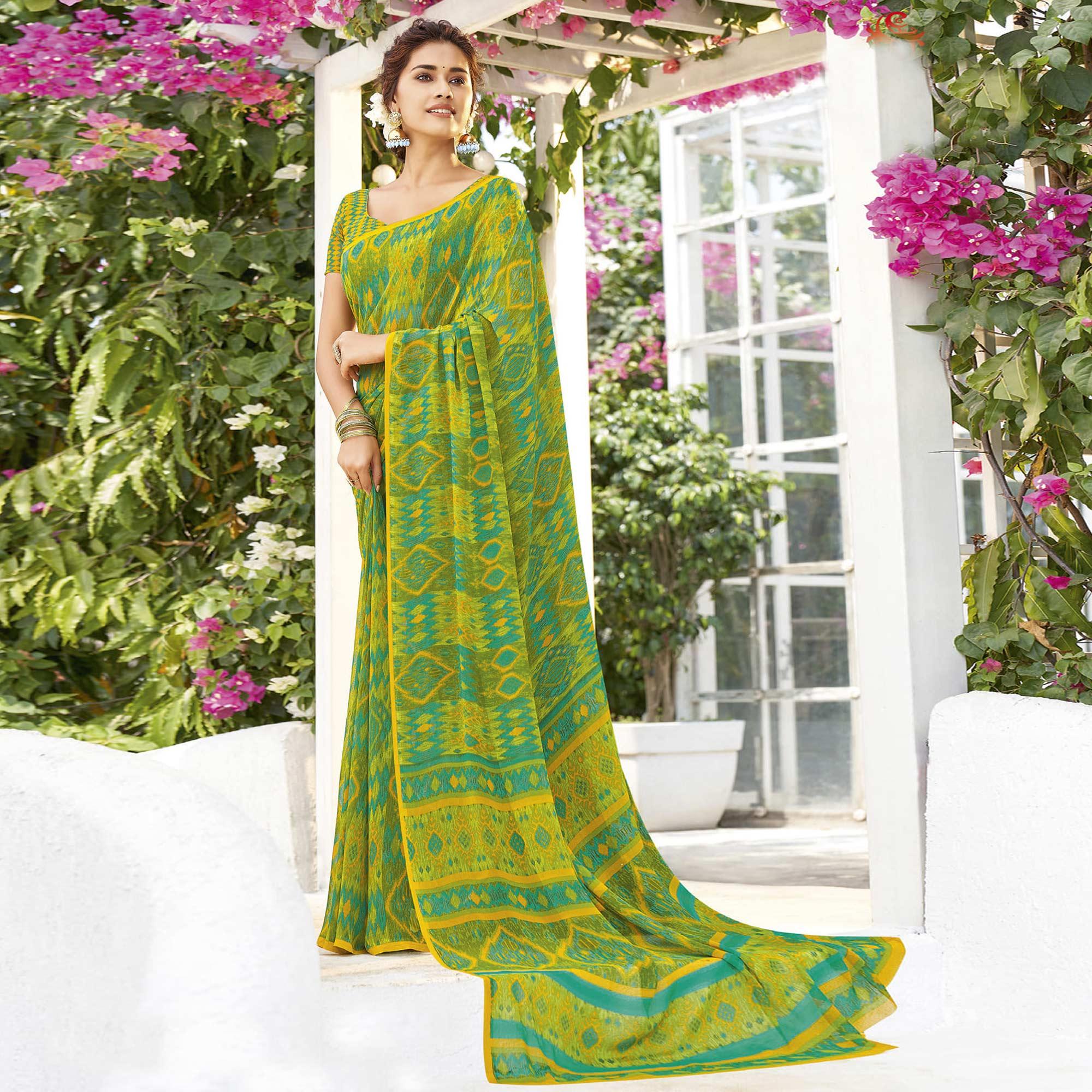 Peachmode Light Green & Yellow Printed Georgette Saree