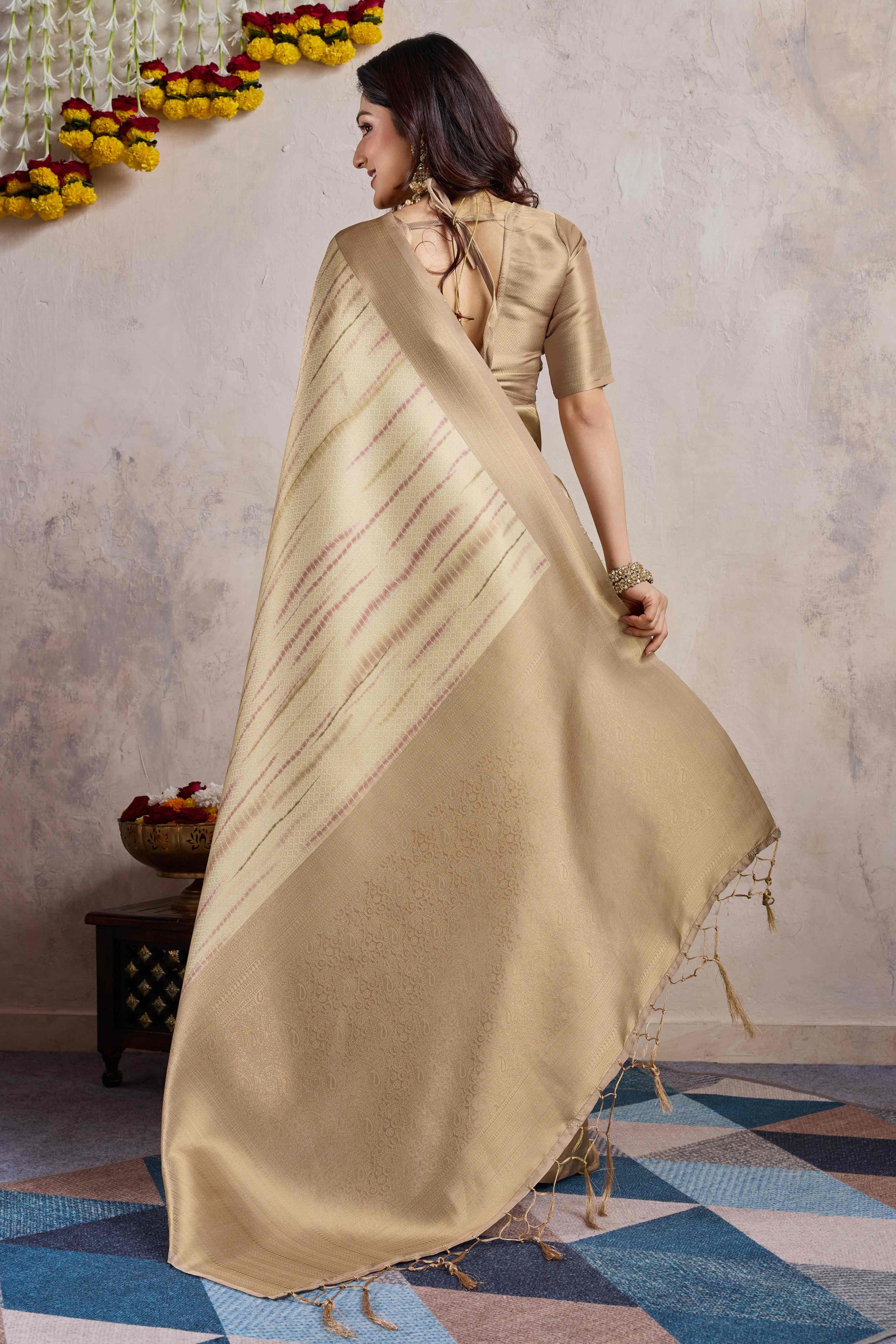 Peachmode Chikoo Woven With Digital Printed Banarasi Silk Saree - view 5